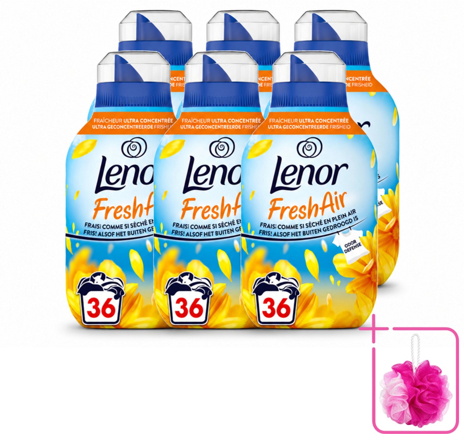 6 x Lenor - Wasverzachter - Fresh Air Zonnestralen - Ultra Geconcentreerd - 36 Wasbeurten - Bulkverpakking - Wasverzachter - Douchemop - Buitenfrisheid