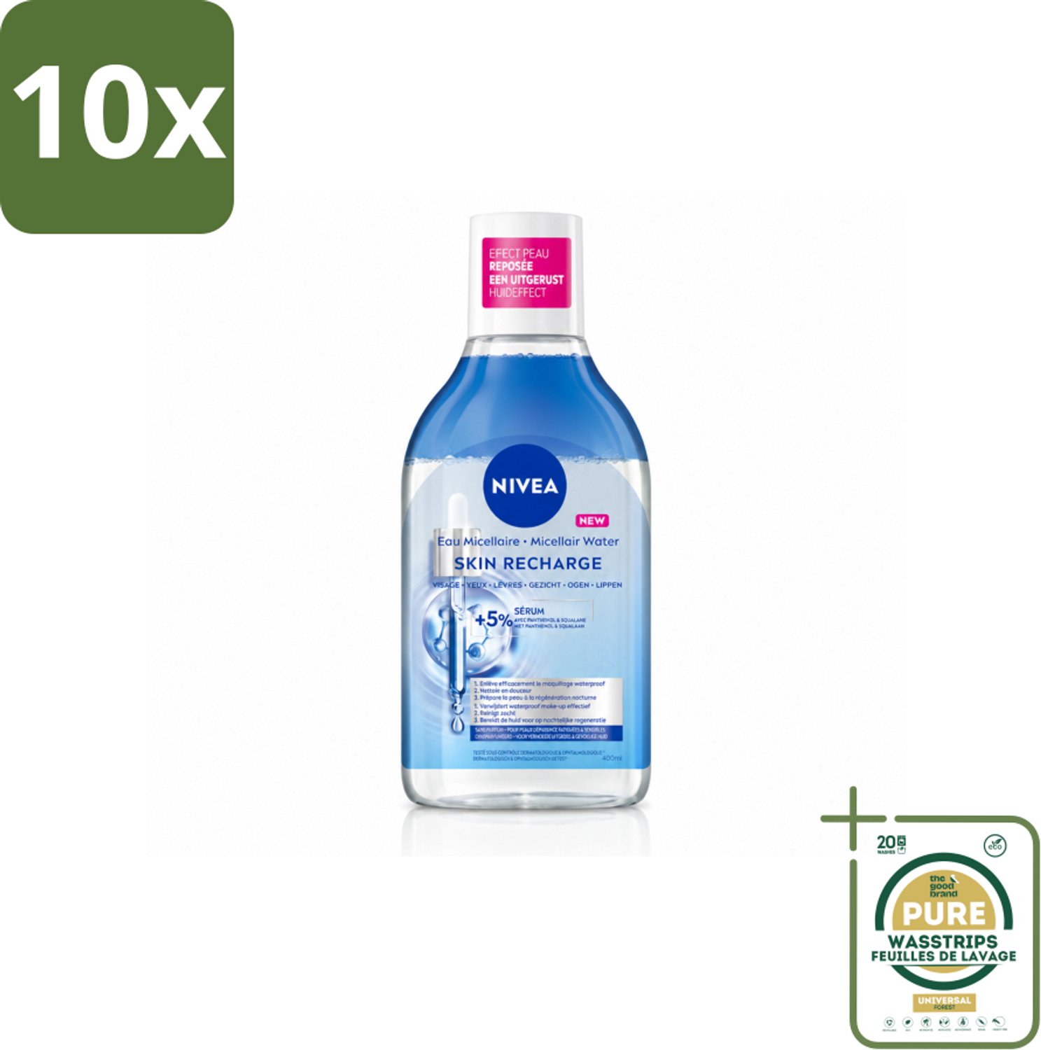 10 x NIVEA - Micellair Water - Serum Verrijkt Opladend - Verwijdert Waterbestendige Make-up - 400 ml - Wasstrips - Gevoelige Huid - Micellair Water - Reinigingsmiddel - Hydraterend - Serum