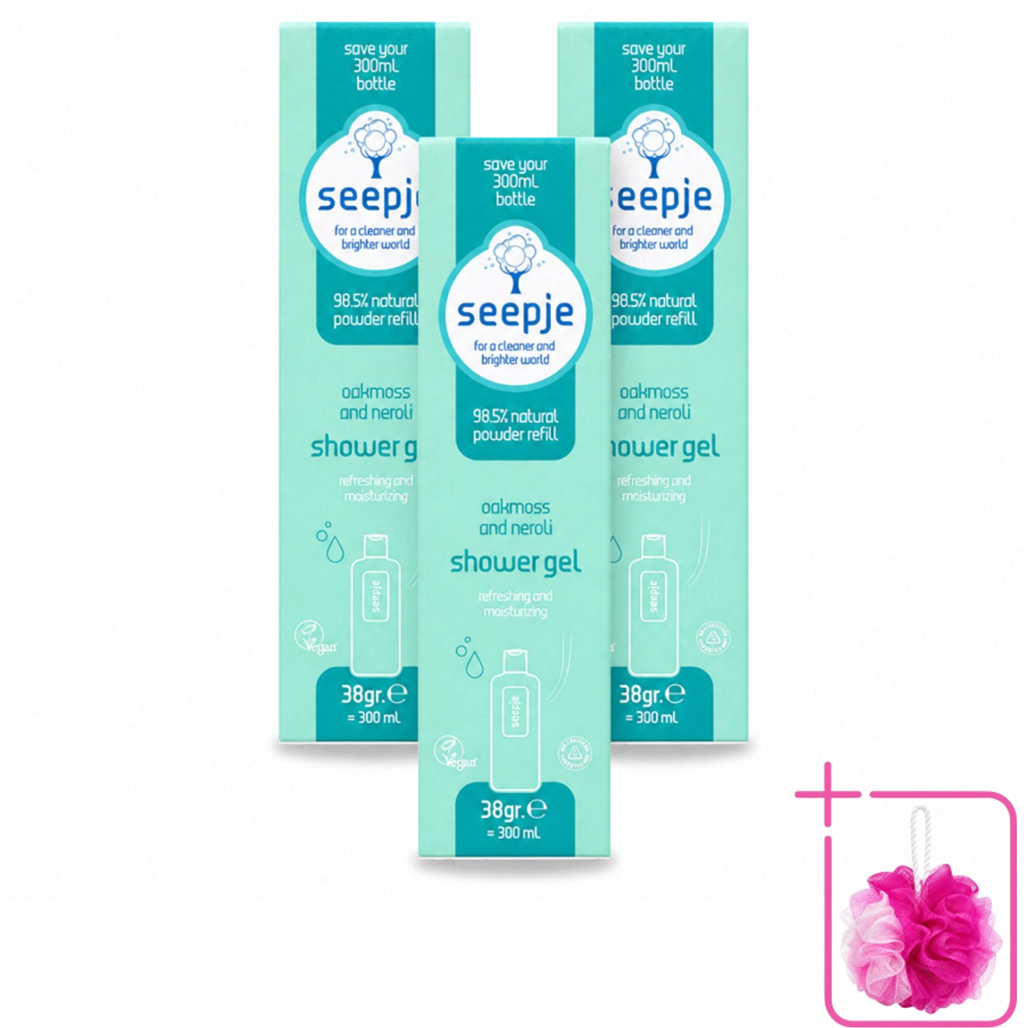 3 x Seepje - Douchegel - Duurzaam & Handig - Eikenmos en Neroli - Navulling - 38 gr - Bulkverpakking - Douchegel navulling - Douchemop - Eikenmos