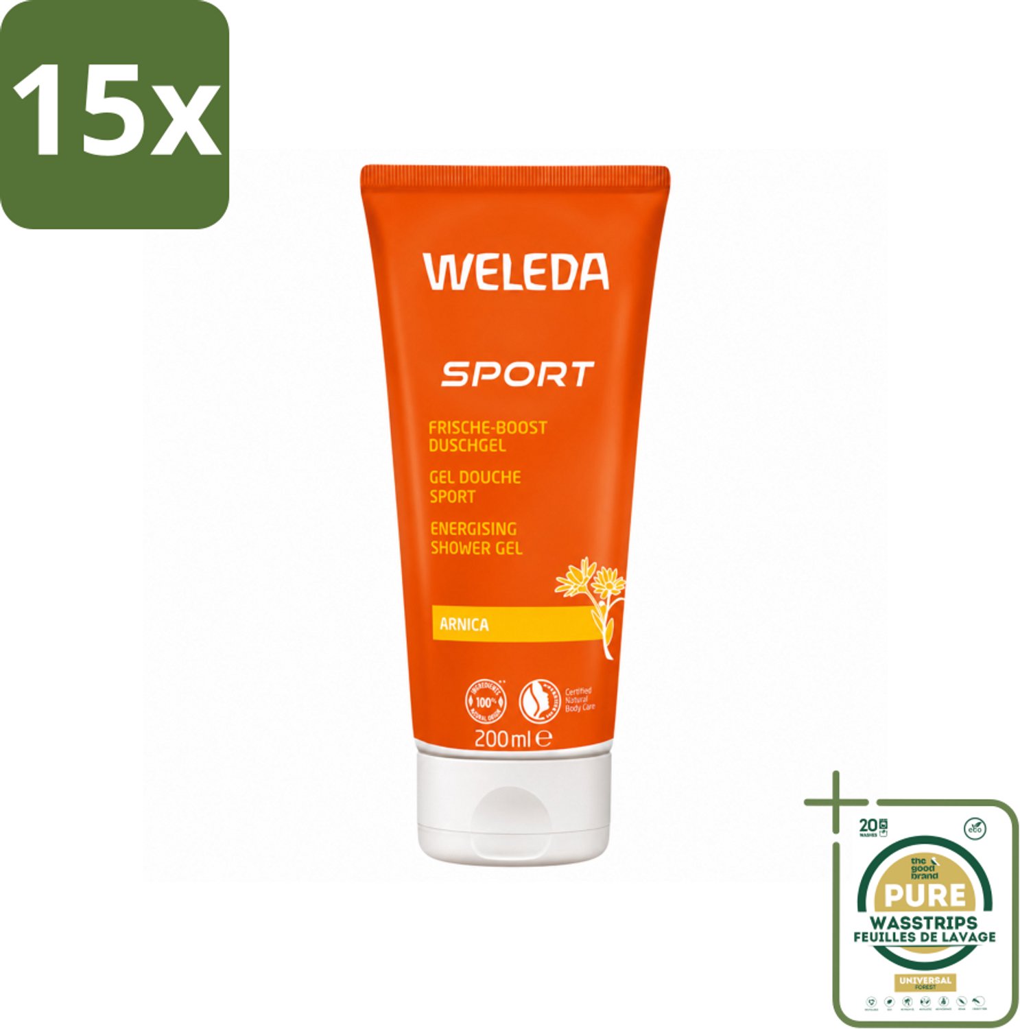 15 x WELEDA - Douchegel Sport - Arnica - 200 ml - Wasstrips - Douchegel Sport - Herstel Na Sporten - Arnica Douchegel - Natuurlijke Douchegel - Verfrissende Douchegel