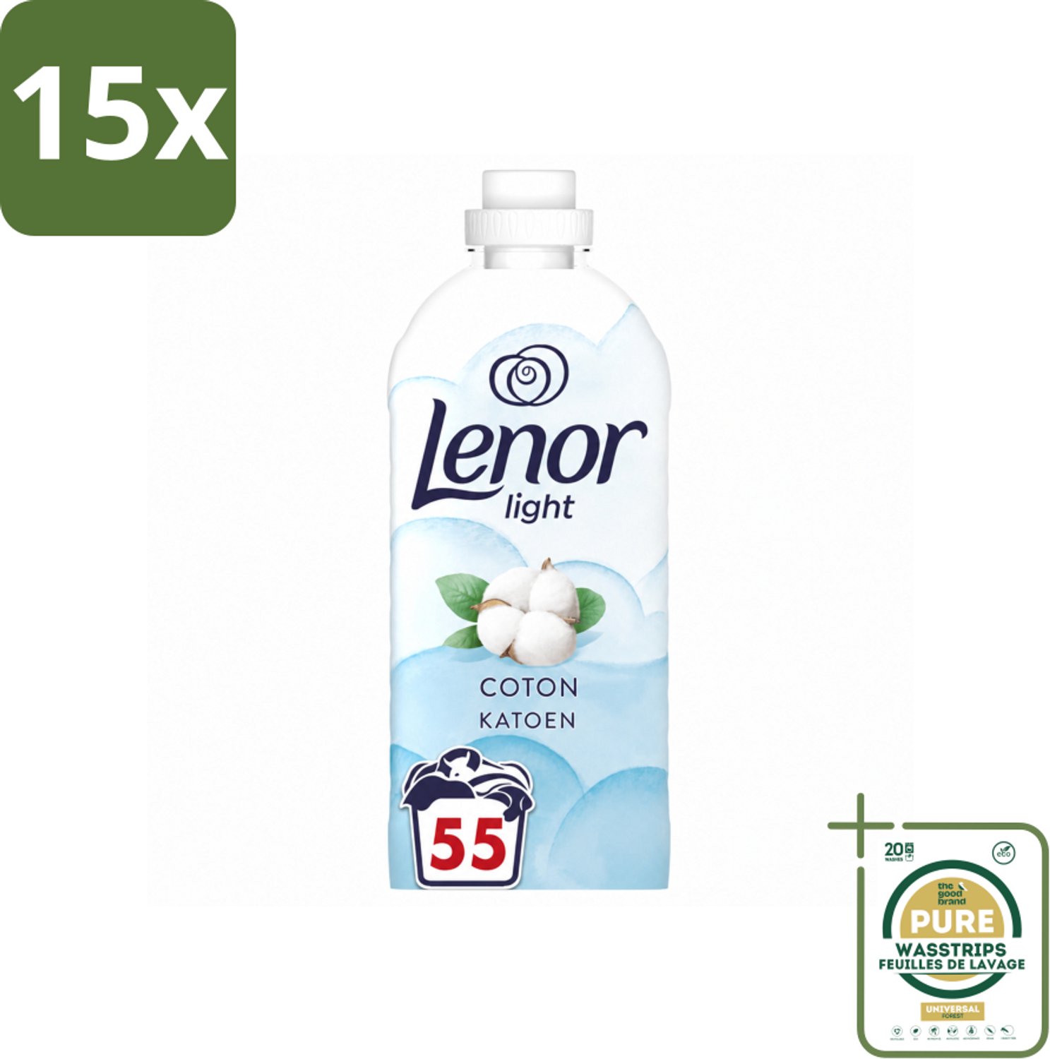 15 x Lenor Light - Wasverzachter - Katoen - Fris & Zacht - 55 Wasbeurten - Wasstrips - Wasverzachter Katoen - Wasverzachter Fris - Wasverzachter Milde - Wasverzachter Zacht - Wasverzachter Bloemig