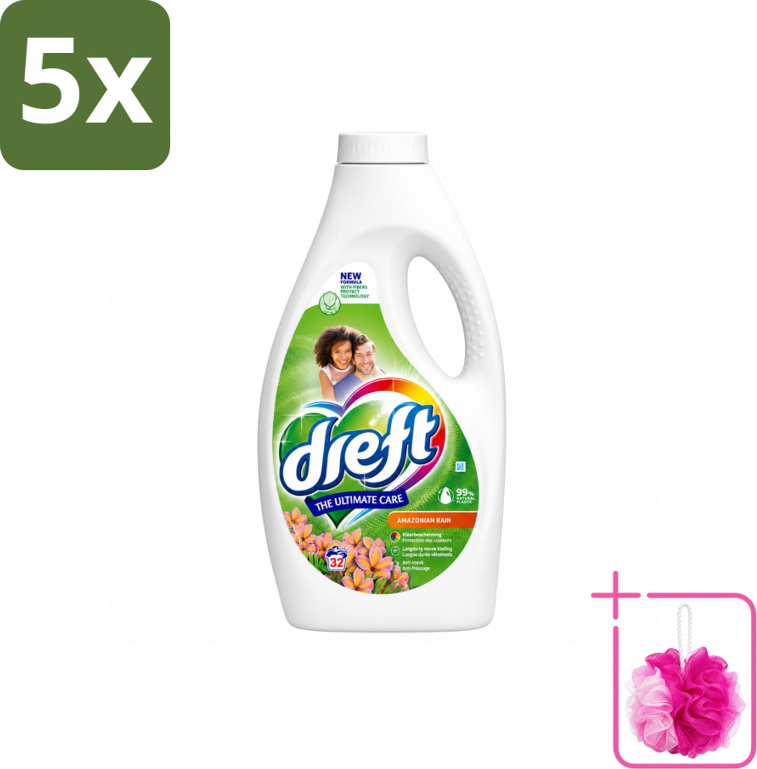 5 x Dreft - Vloeibaar Wasmiddel - Amazone Regen - Tropische frisheid - 32 Wasbeurten - Bulkverpakking - Wasmiddel amazon regen - Douchemop - Krachtige was