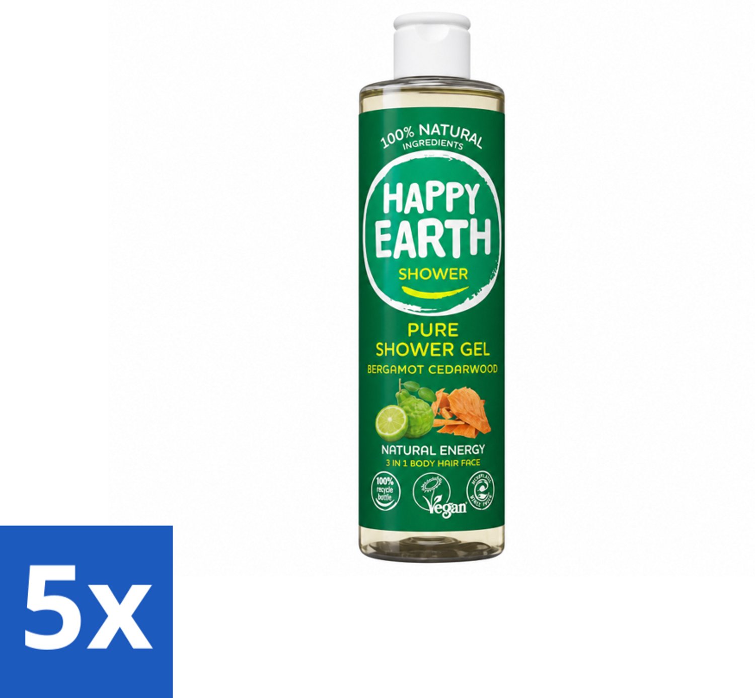 5 x Happy Earth – Douchegel – 100% Natuurlijk Bergamot Cedarwood – 300 ml - Voordeelverpakking - 5 stuks