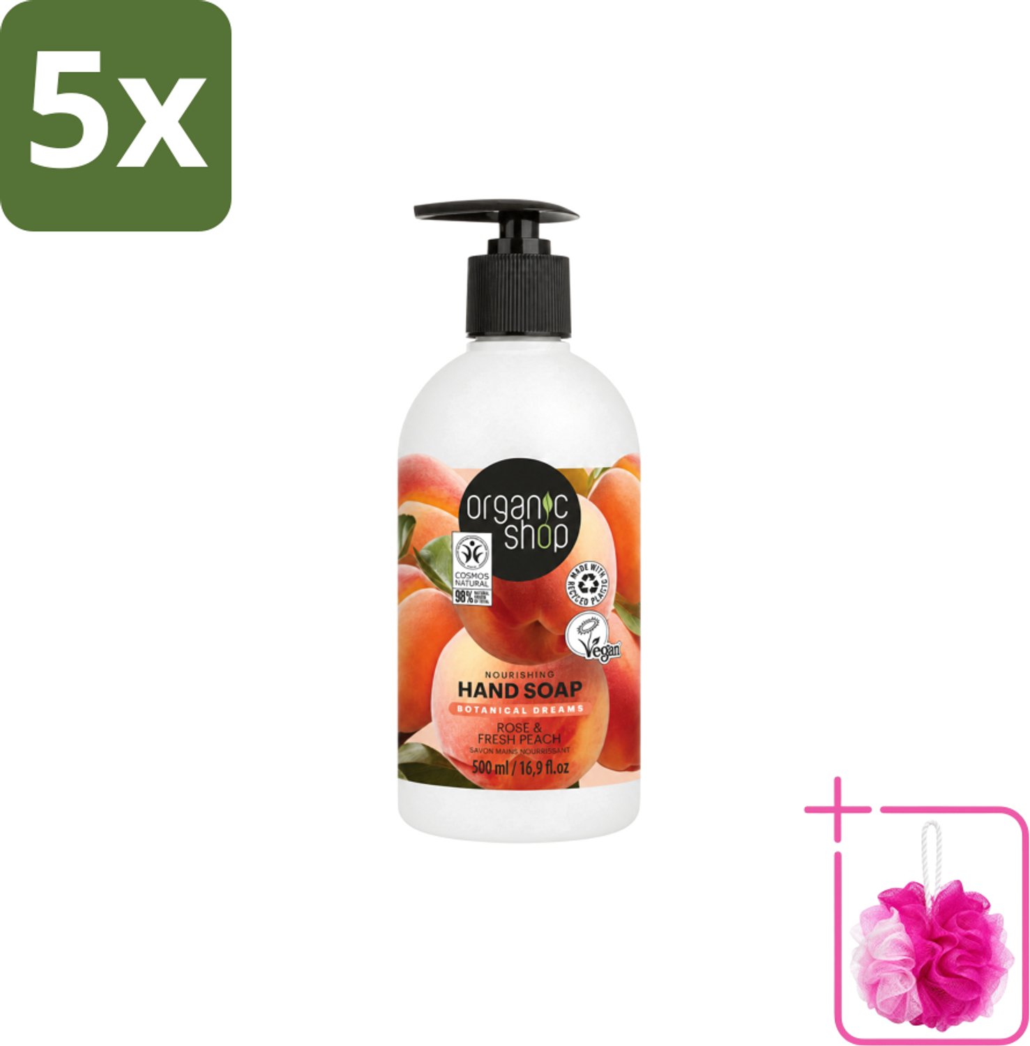 5 x Organic Shop - Handzeep Rose & Peach - Verzorgend en Hydraterend - 500 ml - Bulkverpakking - Handzeep - Douchemop - Natuurlijke handverzorging