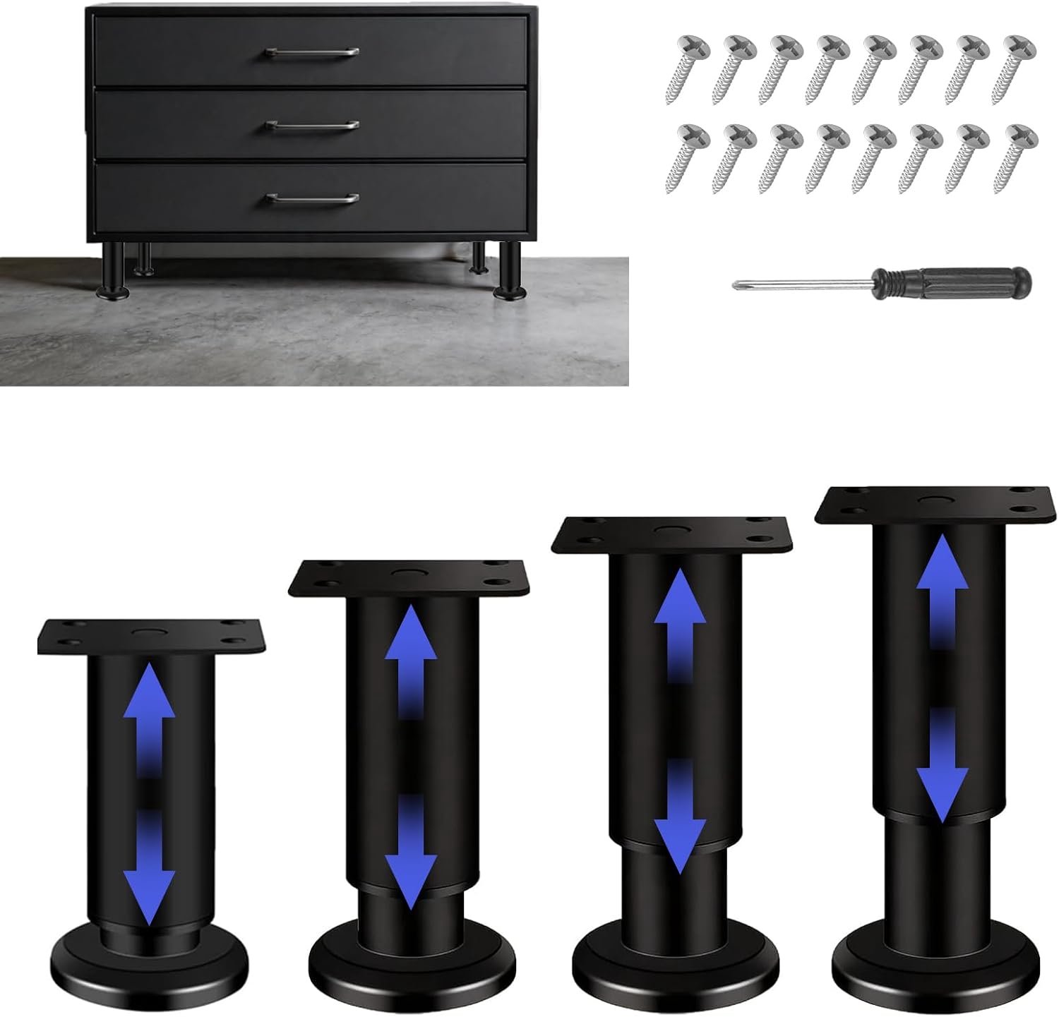 Set van 4 verstelbare meubelpoten 12-18 cm metaal zwart met schroeven meubelvoet en steunpoten voor bed, bank, kast - Vemera