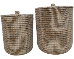 Wasmand met deksel – zeegras – set van 2 – 40 en 65 l – naturel wit