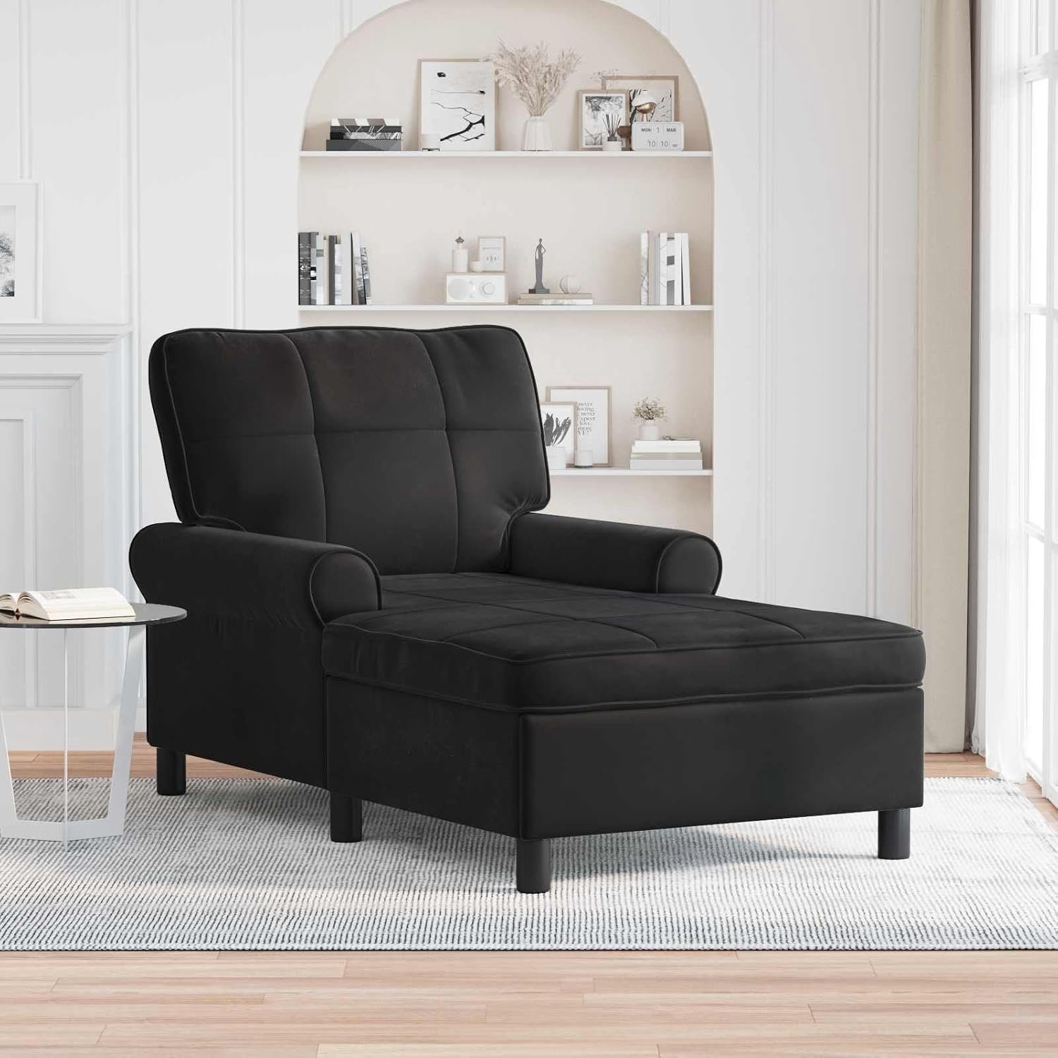 Fluwelen ligbank met kussen, moderne loungestoel voor woonkamer en slaapkamer, zwart, 91 x 157 x 91 cm