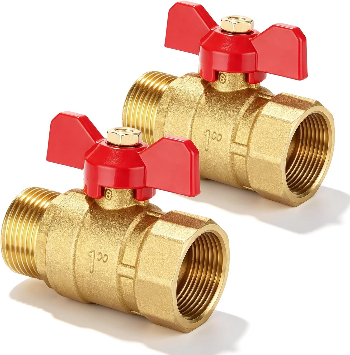 2 stuks messing kogelkraan, 1 inch, afsluitkraan met rode vleugelgreep, IG/AG, afsluitventiel, volledige doorgang voor kraan, waterleidingen, DN25
