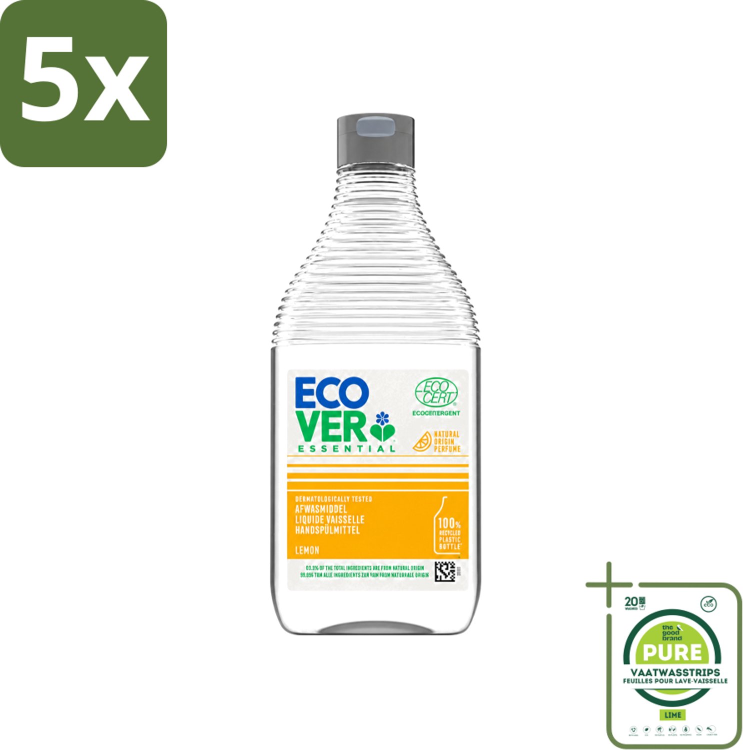 5 x Ecover - Afwasmiddel Essential - Citroen - 450 ml - Grootverpakking - Vaatwasstrips - Afwasmiddel Citroen - Plantaardig Afwasmiddel - Ecologisch Afwasmiddel - Duurzaam Afwasmiddel - Fris Afwasmiddel