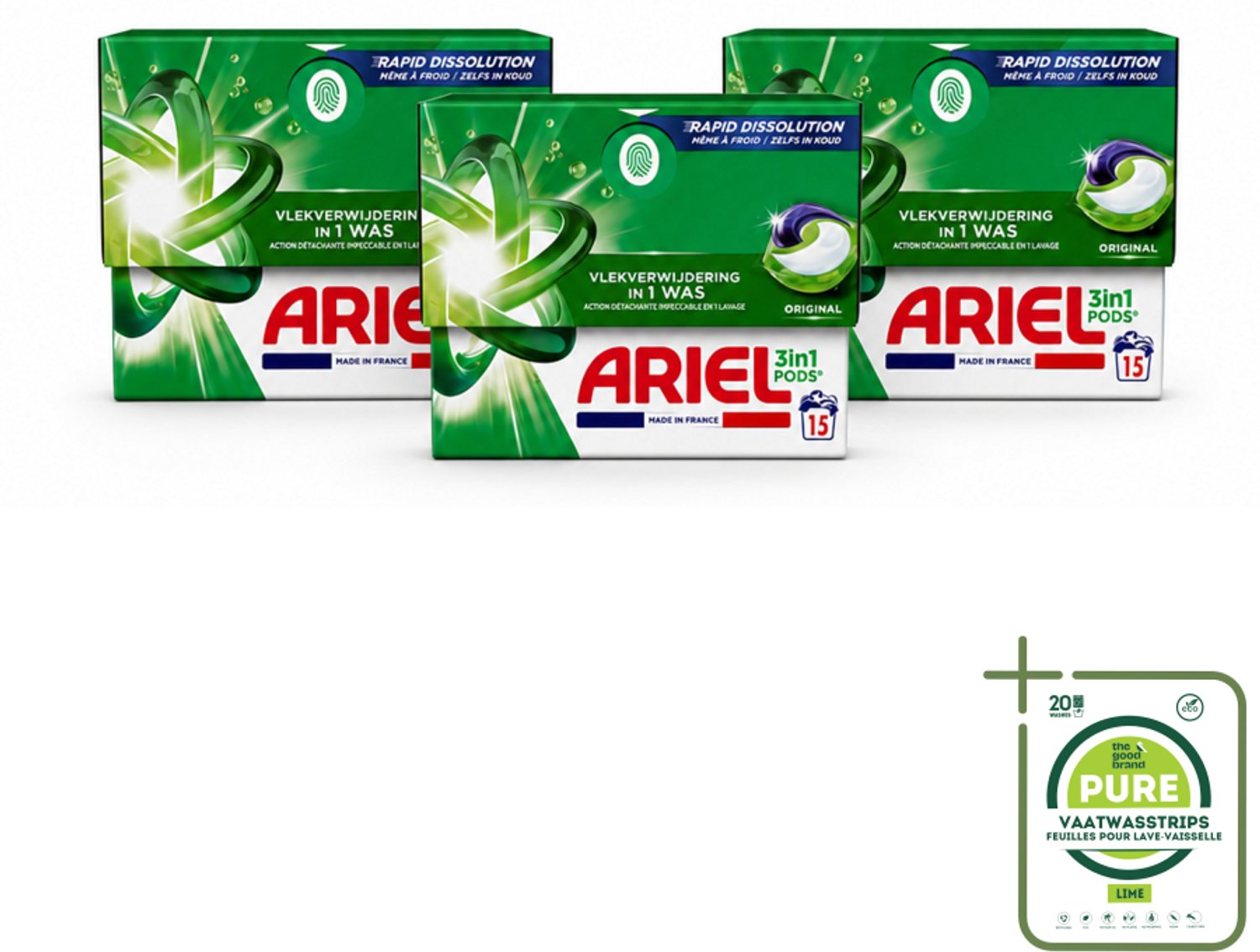 3 x Ariel - 3in1 Wasmiddel Pods - Original - 15 Pods - Grootverpakking - Vaatwasstrips - Wasmiddel Pod - Wasmiddel Voor Koude Was - 3 In 1 Wasmiddel - Wasmiddel Voor Vlekken - Wasmiddel Voor Kleding