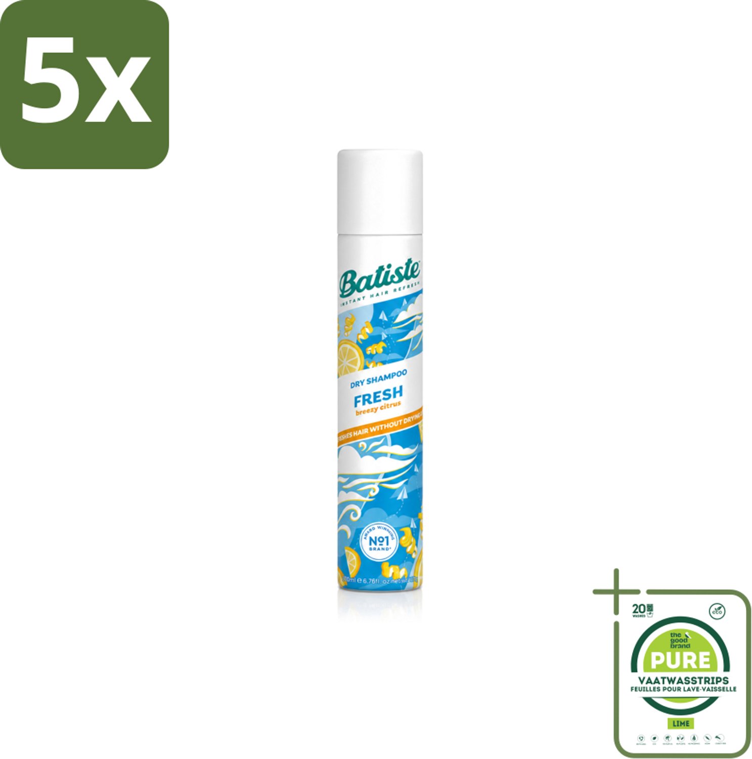 5 x Batiste - Fresh - Droogshampoo - Koele en Schone Geur - Verfrist en Geeft Grip - 200ml - Grootverpakking - Vaatwasstrips - Droogshampoo - Fris Haar - Schone Start - Koele Geur - Snel Opfrissen