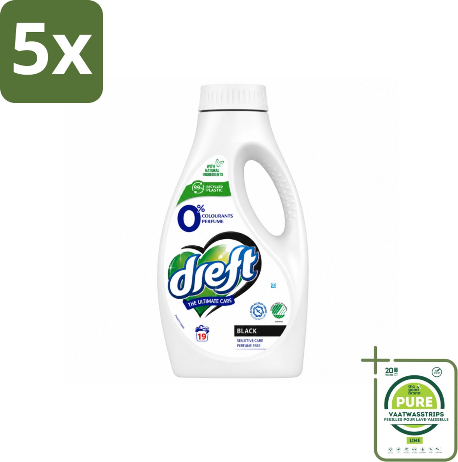 5 x Dreft - Vloeibaar Wasmiddel - 0% Donkere Was - Kleurbescherming - 19 Wasbeurten - Grootverpakking - Vaatwasstrips - Donkere Was - Huidgevoelig - Parfumvrij - Natuurlijke Wasmiddel - Milde Was