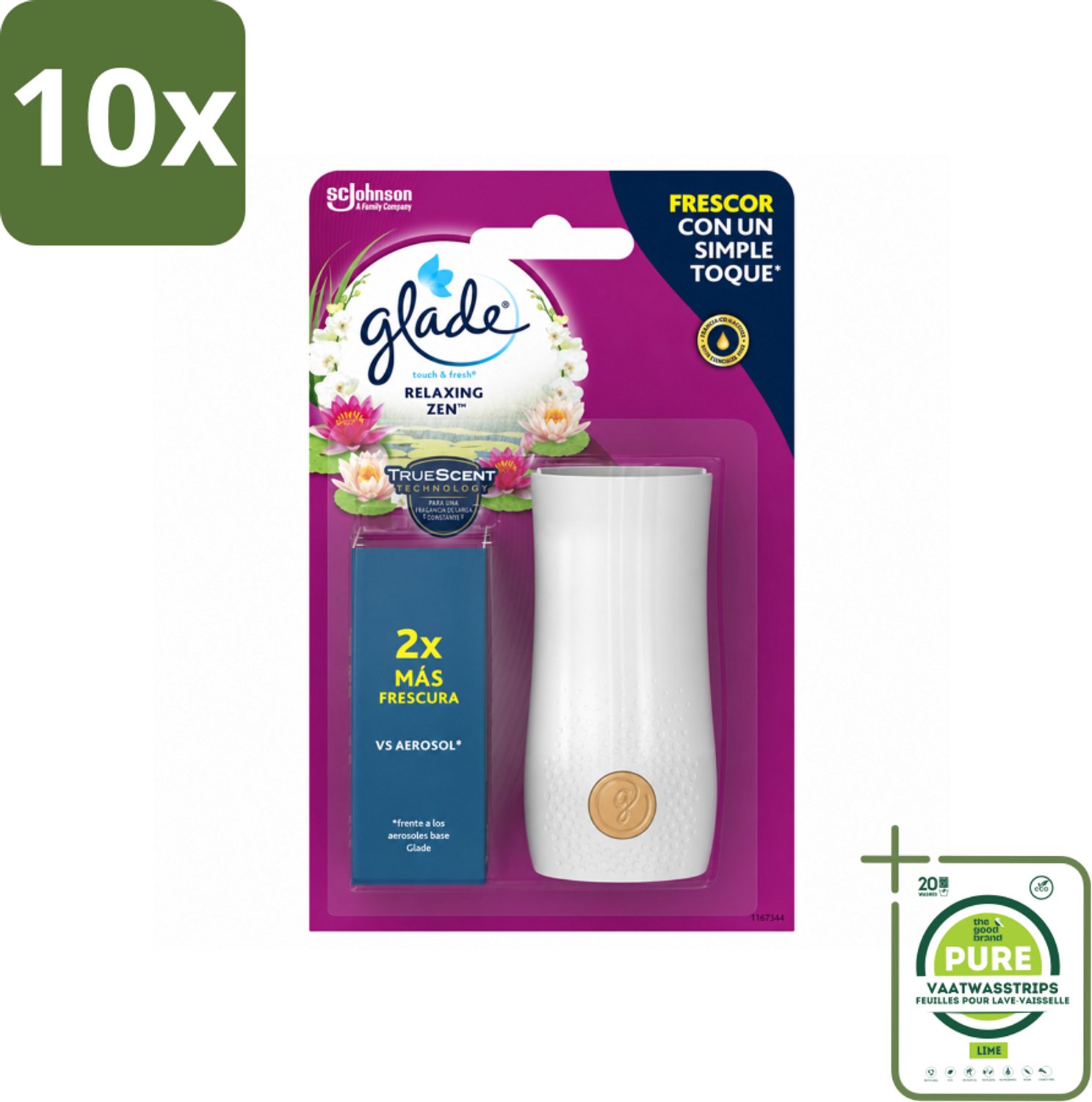 10 x Glade - Touch & Fresh - Relaxing Zen - 10 ml - Grootverpakking - Vaatwasstrips - Ontspanning - Frisse Geur - Rust - Harmonie - Geurhouders