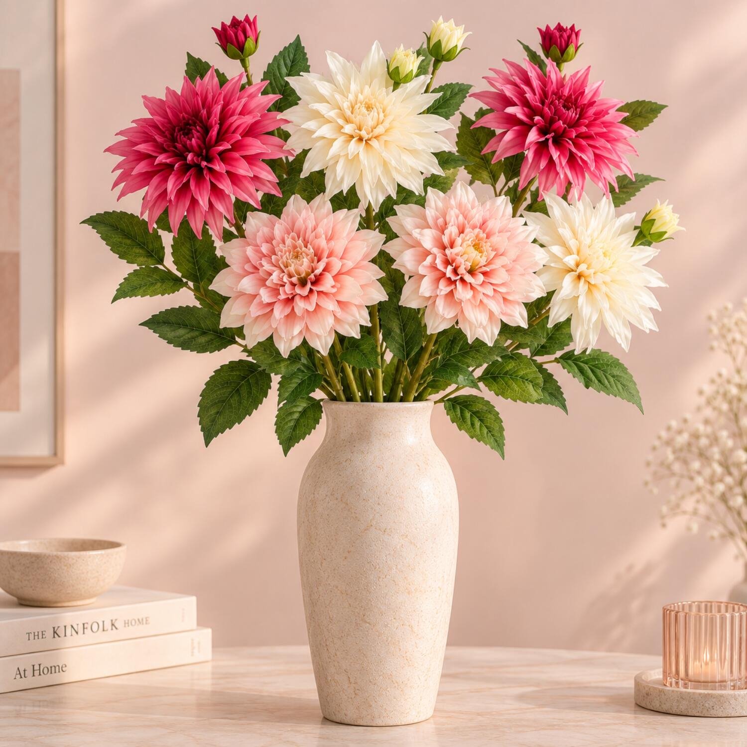 Mica Decorations Boeket Kunstbloemen Dahlia's - H75 cm - 3 kleuren mix - 6x stelen kunstbloemen - gekleurde bloemetjes Multi