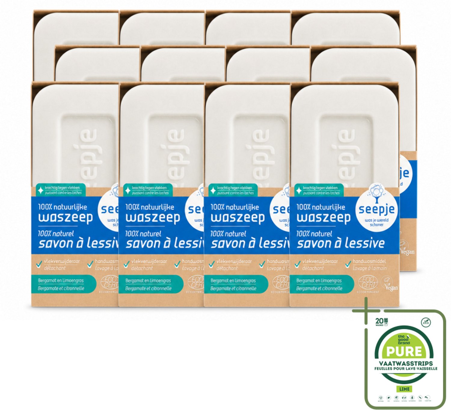 12 x Seepje - Waszeep - Handgemaakt & Natuurlijke Ingrediënten - Blok - 120 gr - Grootverpakking - Vaatwasstrips - Natuurlijke Wasmiddelen - Zeepblok - Vlekverwijderaar - Vegan Wasmiddel - Plasticvrije Verpakking