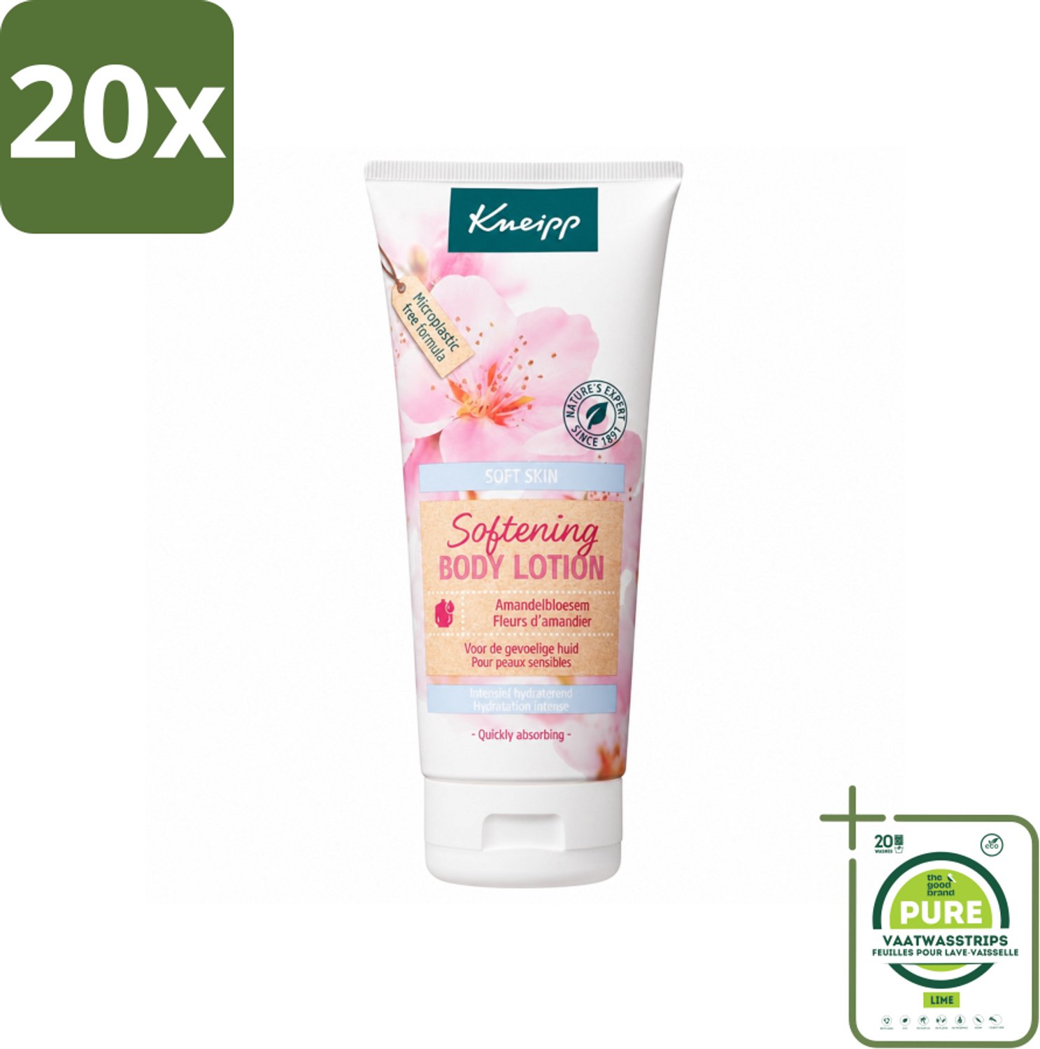 20 x Kneipp - Body lotion - Soft Skin - Amandelbloesem - 200 ml - Grootverpakking - Vaatwasstrips - Gevoelige Huid - Amandelolie - Hydraterende Lotion - Zachte Huid - Huidverzorging