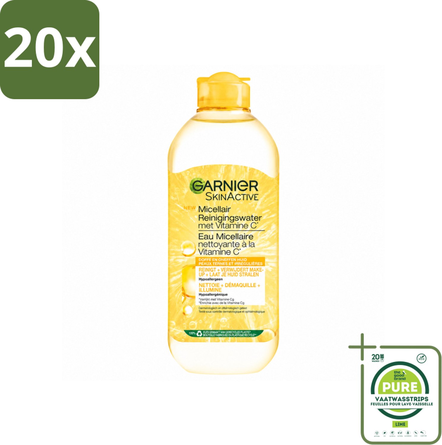 20 x Garnier - SkinActive - Micellair Water - Vitamine C - Reinigingswater - 400 ml - Grootverpakking - Vaatwasstrips - Micellair Reinigingswater - Vitamine C - Reinigen - Make-up Verwijderen - Stralen