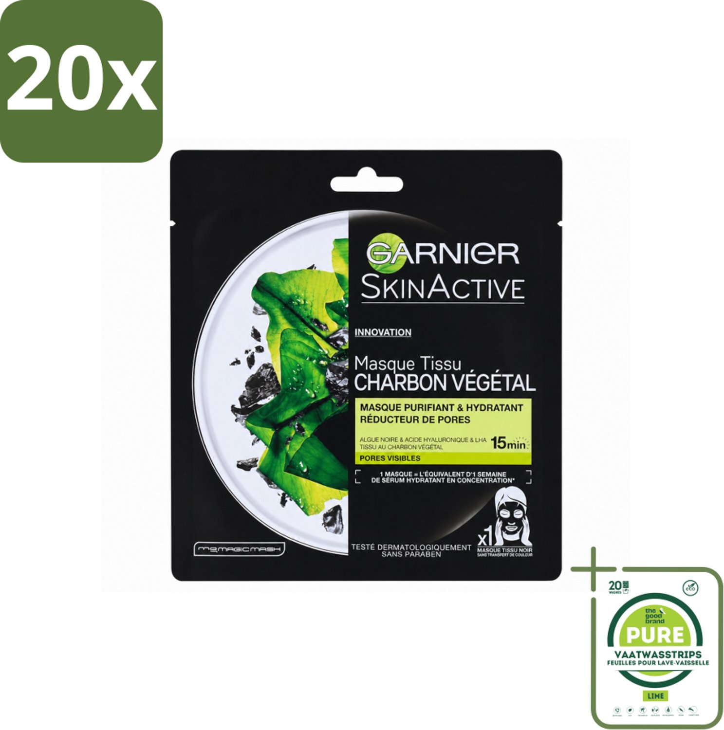 20 x Garnier - SkinActive - Tissue Masker - Charcoal - 1 Gezichtsmasker - Grootverpakking - Vaatwasstrips - Huid Zuiveren - Huid Hydrateren - Houtskool Masker - Poriën Verfijnen - Huidstructuur Verbeteren