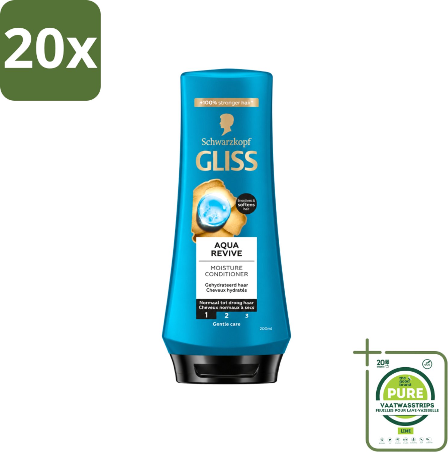 20 x Gliss - Hair Repair - Conditioner Aqua Revive voor Hydraterend en Fris Haar - 200 ml - Grootverpakking - Vaatwasstrips - Haar Hyderatatie - Haar Verfrissend - Haar Hydrateren - Haar Beschadigd - Haar Droog