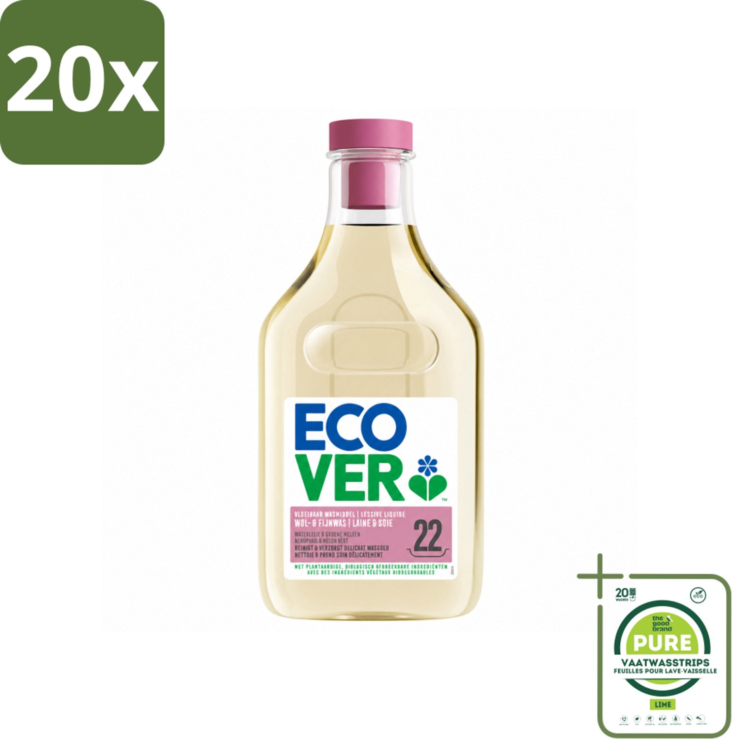 20 x Ecover - Vloeibaar wasmiddel - Wol & Fijnwas - 1 liter - 22 wasbeurten - Grootverpakking - Vaatwasstrips - Zachte Wasmiddelen - Wol Wasmiddel - Fijnwas - Delicate Stoffen - Biologisch Afbreekbaar