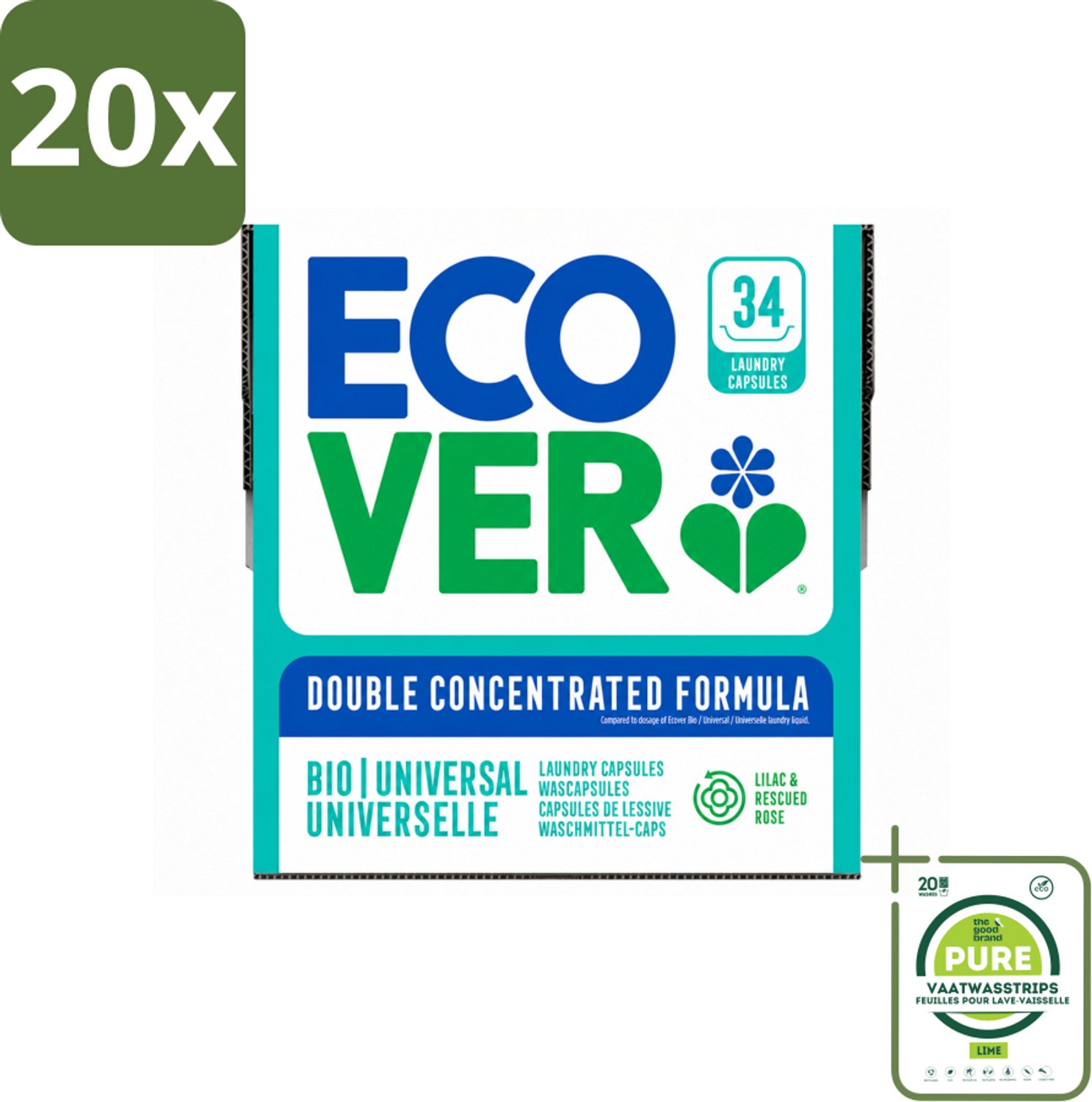 20 x Ecover - Waspods - Universeel - Geconcentreerde formule - 34 wasbeurten - Grootverpakking - Vaatwasstrips - Wasbeurt - Wasmachine - Waskracht - Duurzaam Wasmateriaal - Natuurlijke Ingrediënten