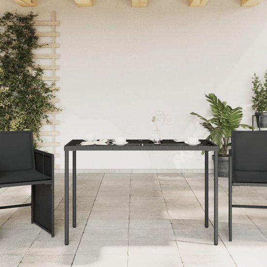 Tuintafel met glasplaat, zwart, 115 x 54 x 74 cm, polyrotan PE-vlechtwerk, stalen frame voor terras, tuin, buiten — afbeelding 4