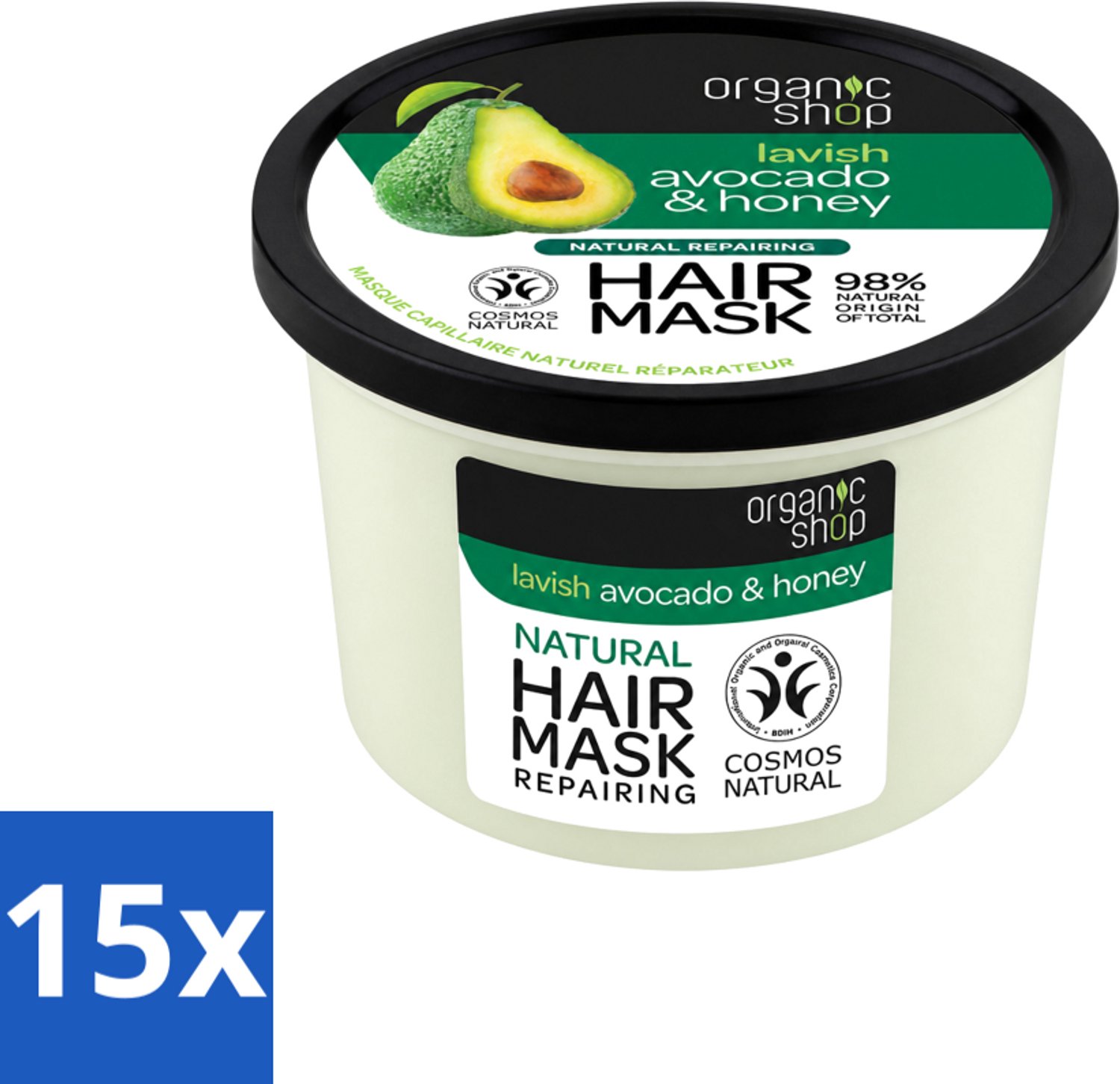 15 x Organic Shop - Haarmasker Avocado & Honey - Hydraterend en Verzachtend - 250 ml - Voordeelverpakking - 15 stuks