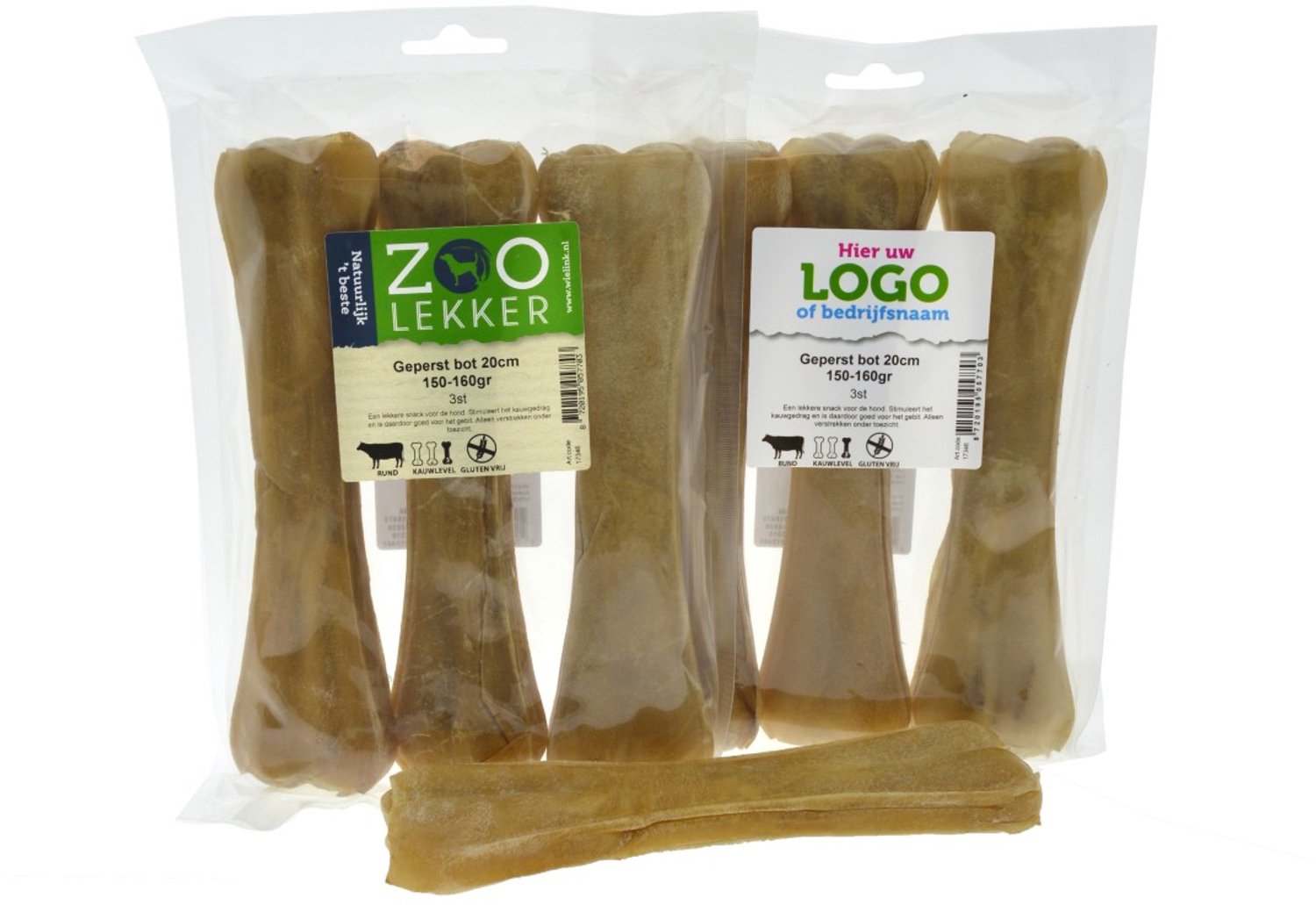 Zoolekker Geperst Bot hondensnack van buffelhuid 20 cm - natuurlijke kauwsnack 150-160 g per stuk, verpakt per 3