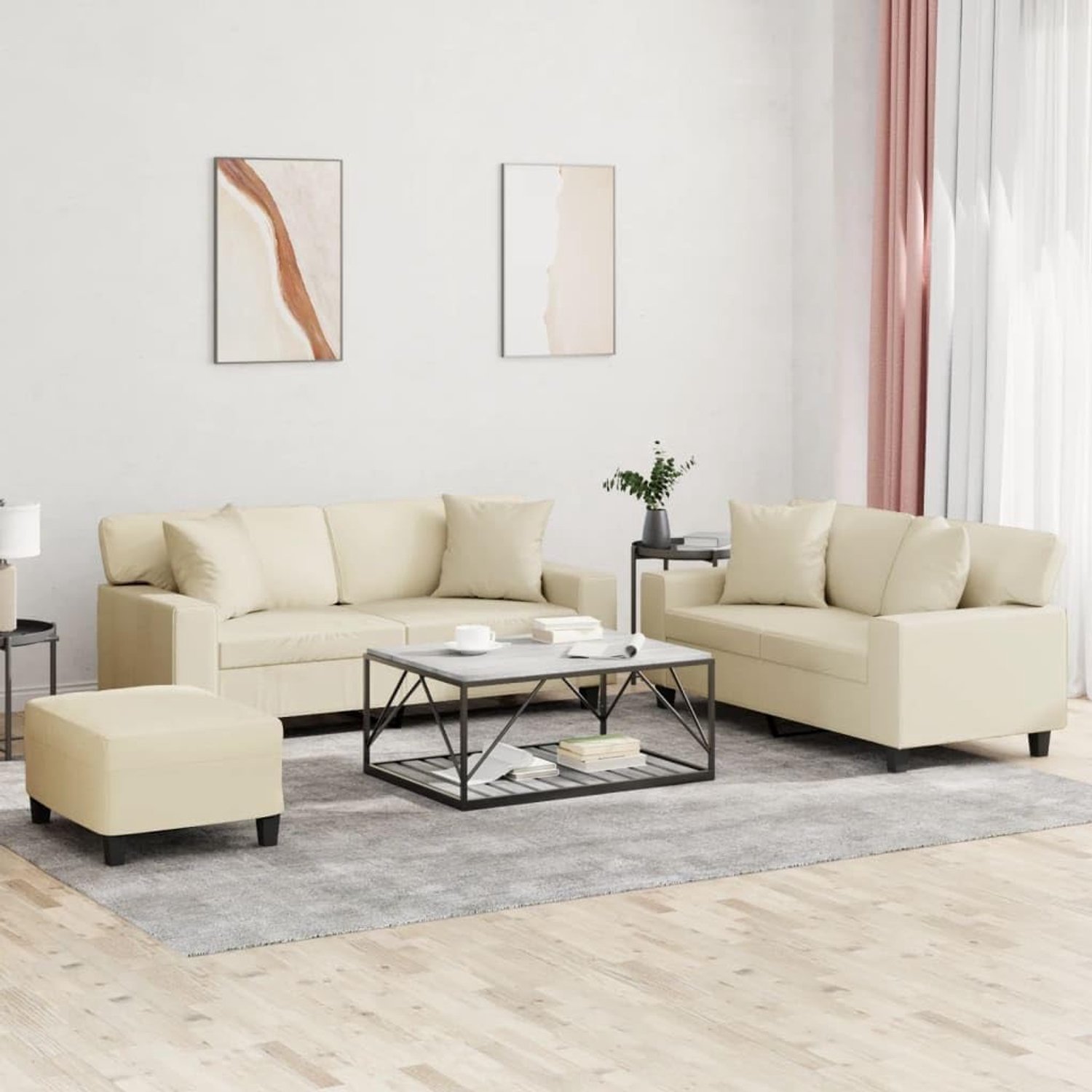 3-delige bankset met kussen, crème kunstleer, crème bankstel met robuust metalen frame en comfortabele bekleding voor woonkamer en lounge