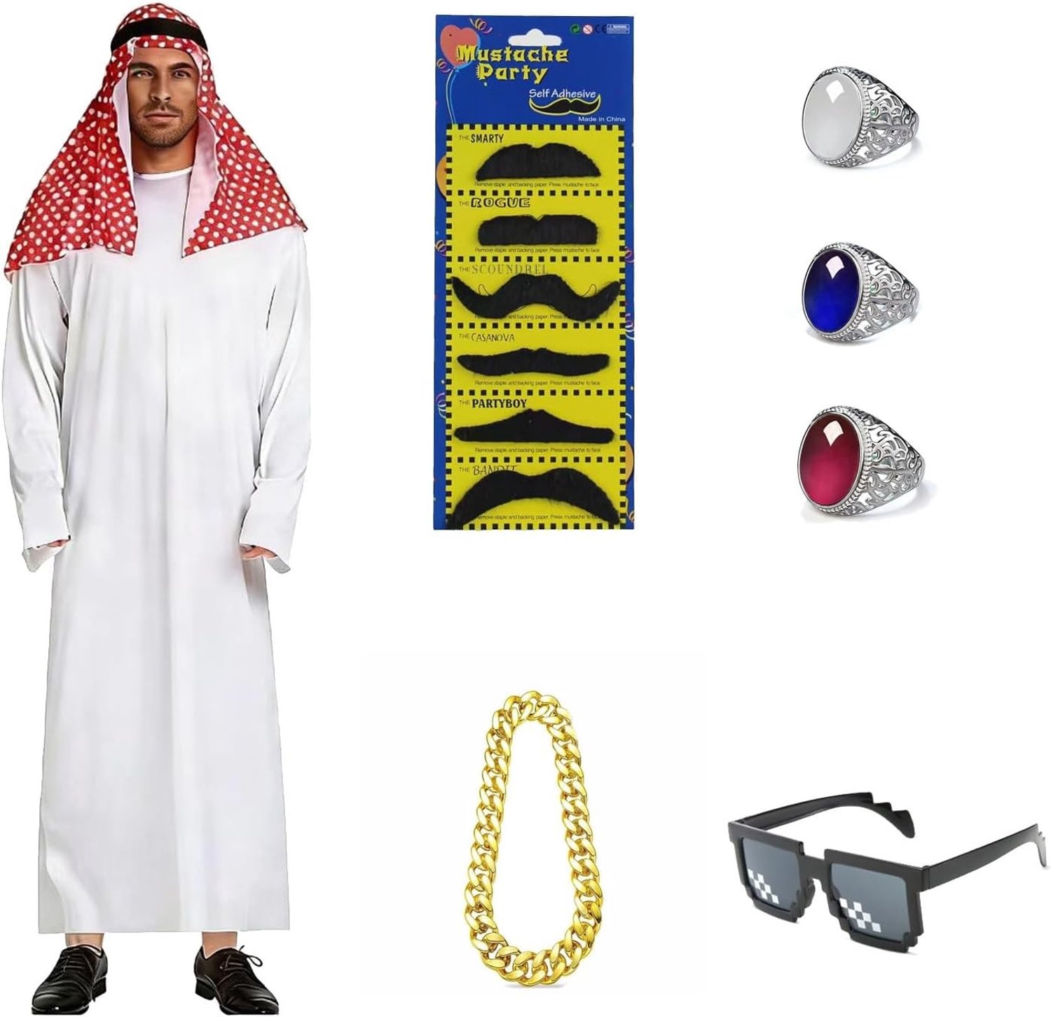Arabisch Sheikh Kostuum voor Mannen - 8-delig Carnaval Outfit met Hoofddoek, Baard, Ring en Zonnebril voor Feestelijke Gelegenheden