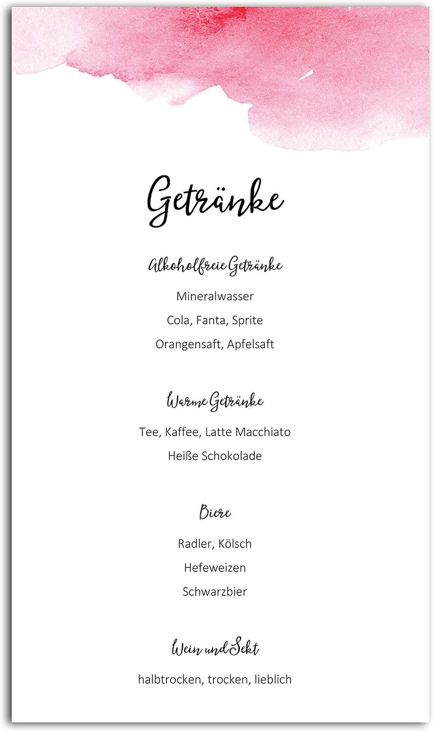 10 menukaarten bruiloft om te bedrukken, drankkaarten, tafeldecoratie bruiloft, plaatskaarten (aquarel roze)