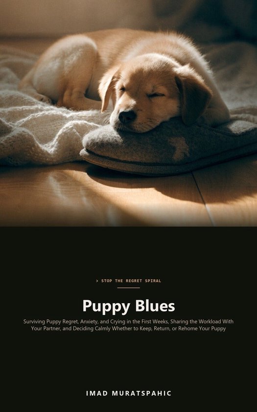 Puppy slaapt op een grijze pantoffel met de titel: Puppy Blues door Imad Muratspahic.