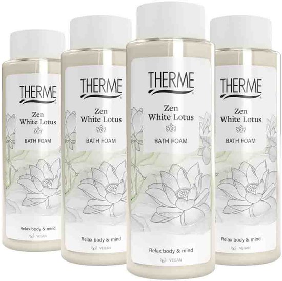 Vier flessen Therme Zen White Lotus badschuim met wit lotusbloemdesign en vegan label.