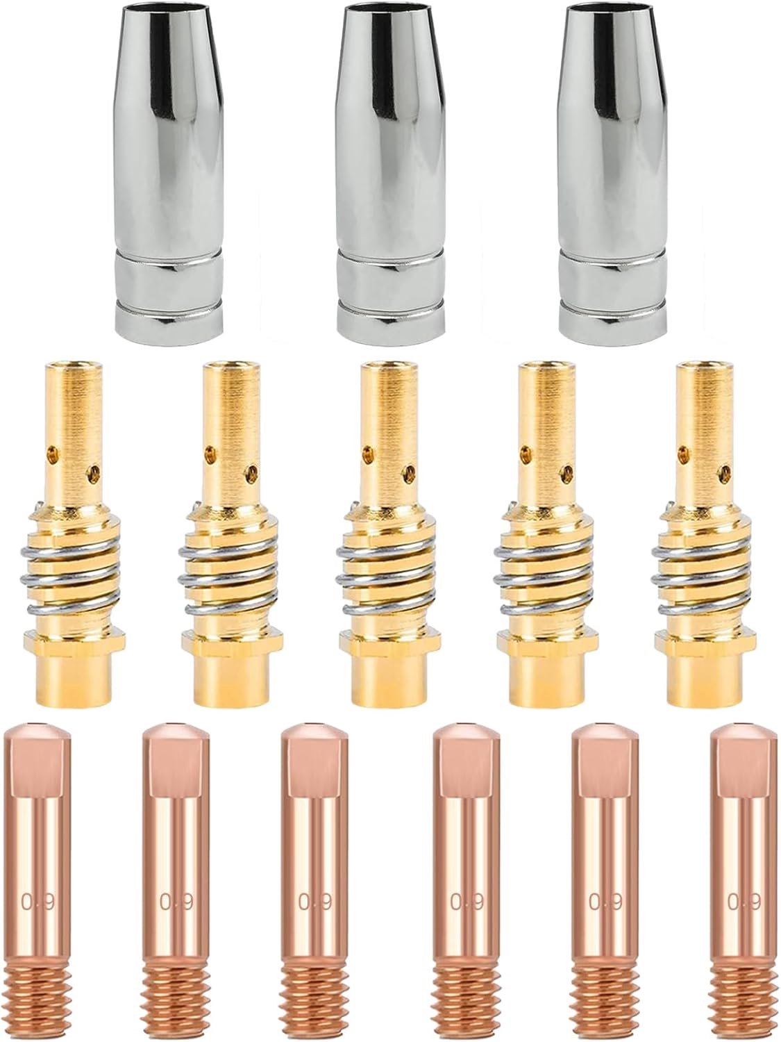 14 stuks accessoires voor MIG/MAG lasapparaat, set van verbruiksmaterialen, 6 contactpunten 0,9 mm M6, 5 diffusorpunten, 3 gasmondstukken voor het lassen AK-15/MB-15