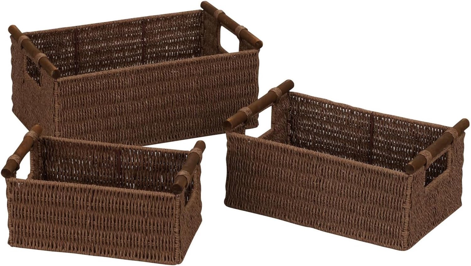Papiertouw rieten opbergmanden met houten handgrepen | Set van 3 | Donkerbruine beits