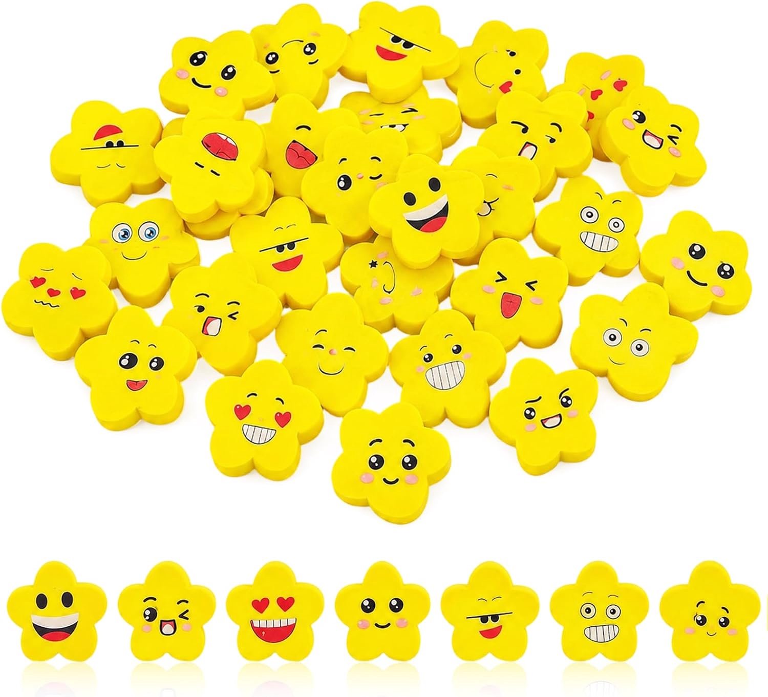 50 mini-gummetjes smiley - diameter ca. 1,2 cm - grappige emoji-gummen voor kinderen - ideaal voor potloden, schoolgeschenken en verjaardagsfeesten