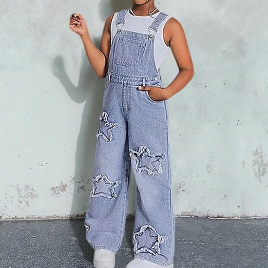 Jeans tuinbroek voor meisjes met ster, casual jumpsuit met brede pijpen voor tieners, comfortabele outfit voor zomer en herfst — afbeelding 2