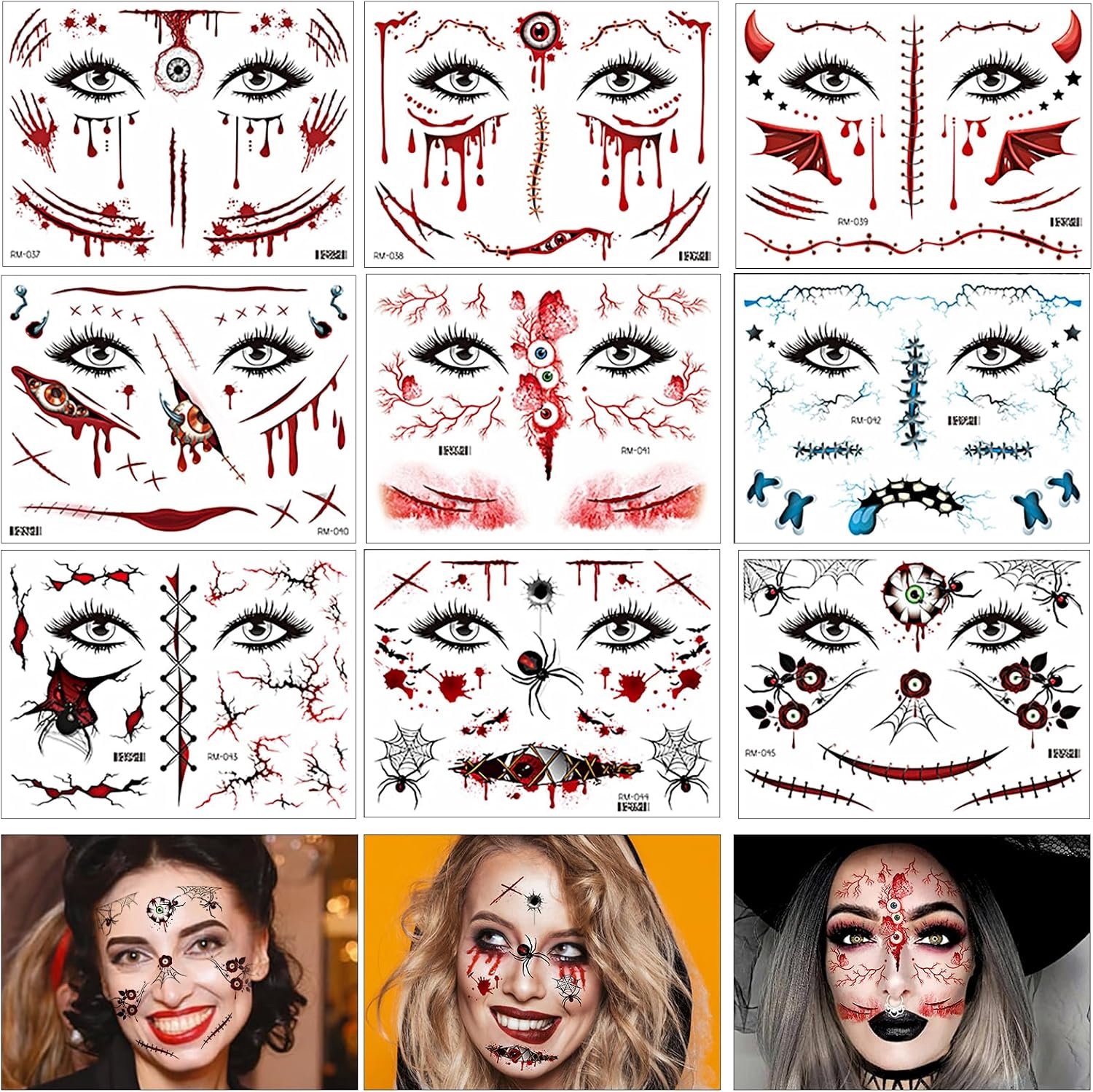 Tattoo, gezichtsstickers, 9 vellen littekens, tatoeages, Halloween, wonden, Halloween, tatoeagestickers, horrorstickers