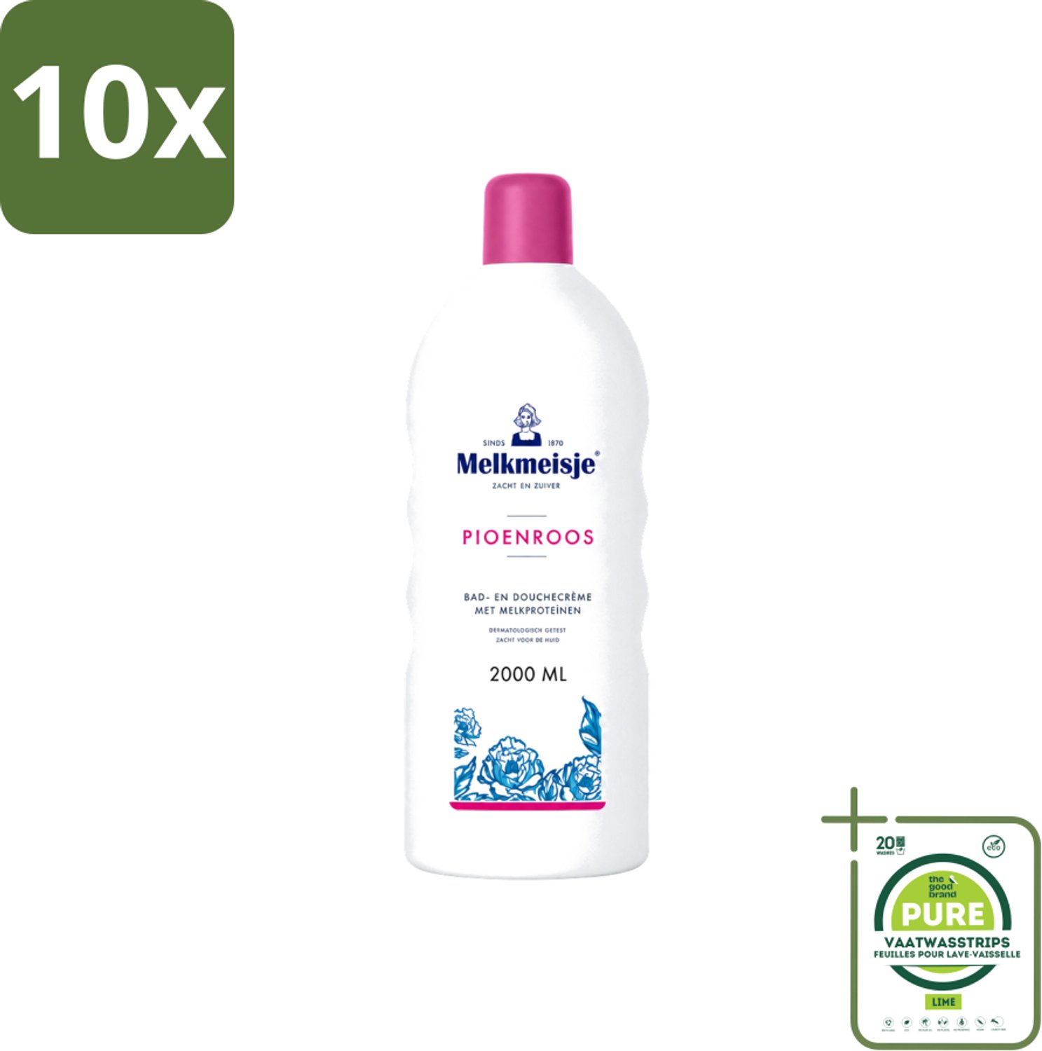 10 x Melkmeisje - Bad & Douche - Pioenroos Geur - Verzorgend & Hydraterend - 2000 ml - Grootverpakking - Vaatwasstrips - Douchecrème - Melkmeisje - Pioenroos - Huidverzorging - Melkproteïnen