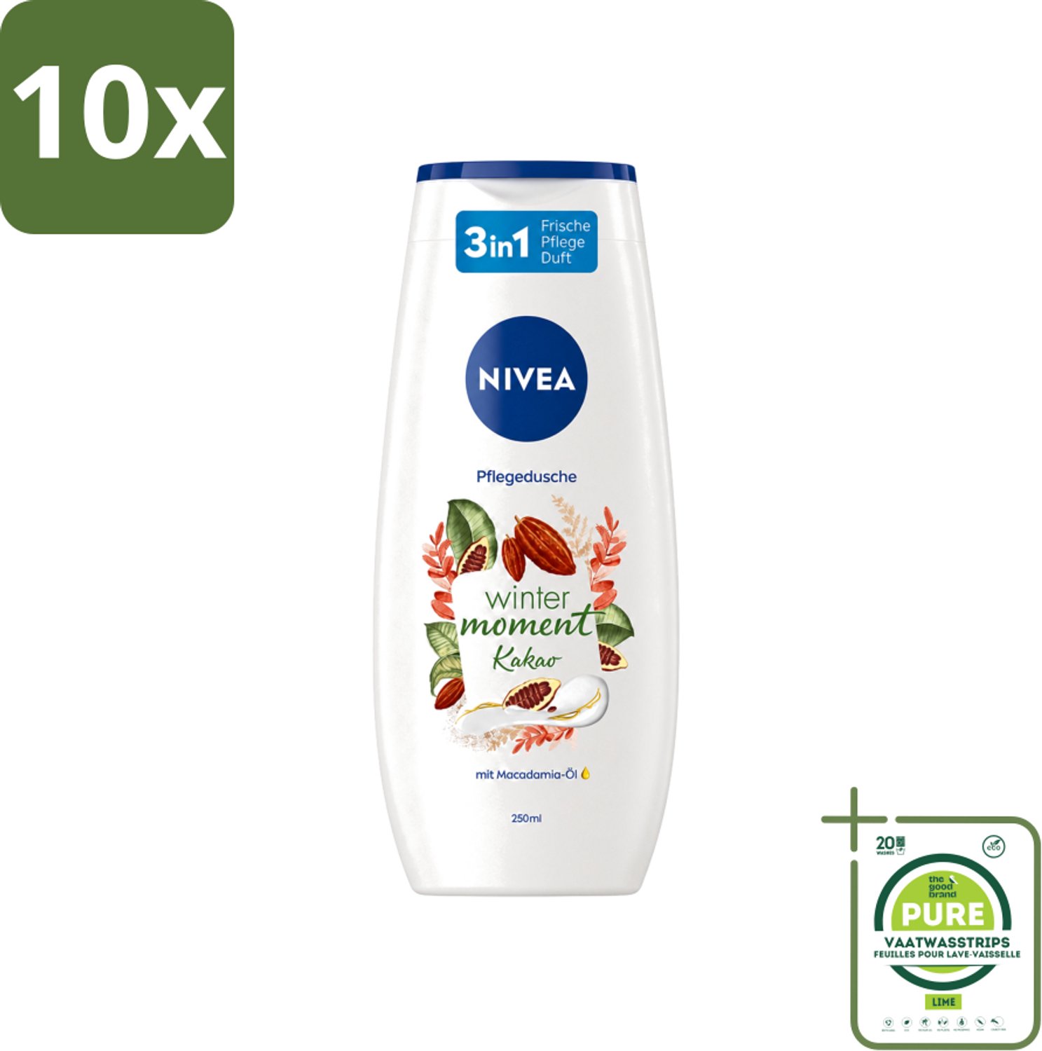10 x Nivea - Douchegel - Winter Moment Cacao - 250 ml - Grootverpakking - Vaatwasstrips - Douchegel Winter - Verzorgende Douchegel - Cacao Douchegel - Huid Verzorging - Winter Douchegel