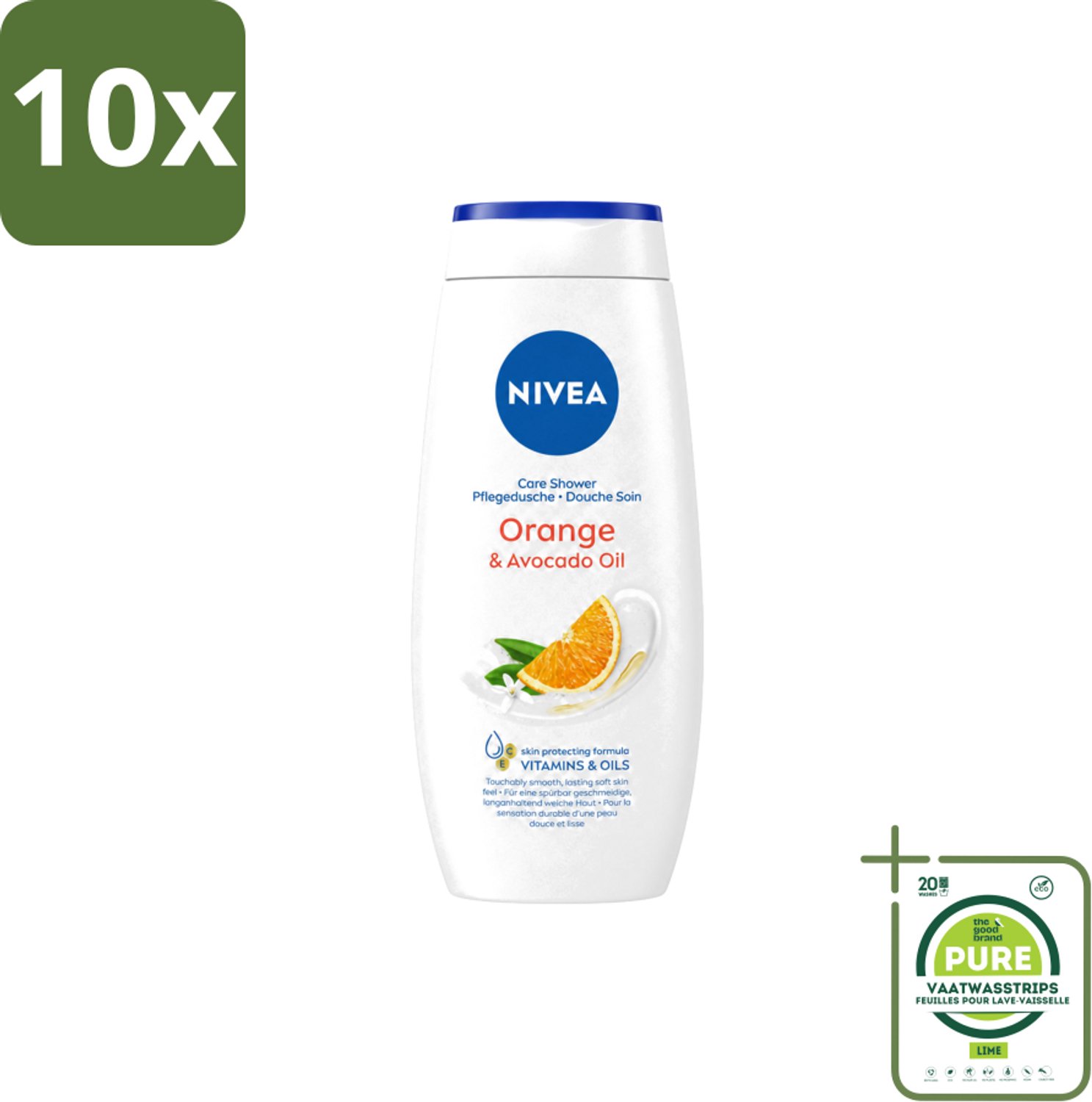 10 x Nivea - Douchegel - Orange - Voelbaar Gladde Huid - 250 ml - Grootverpakking - Vaatwasstrips - Douchegel - Huid Verzorgen - Bamboemelk - Sinaasappelgeur - Voedende Douchegel