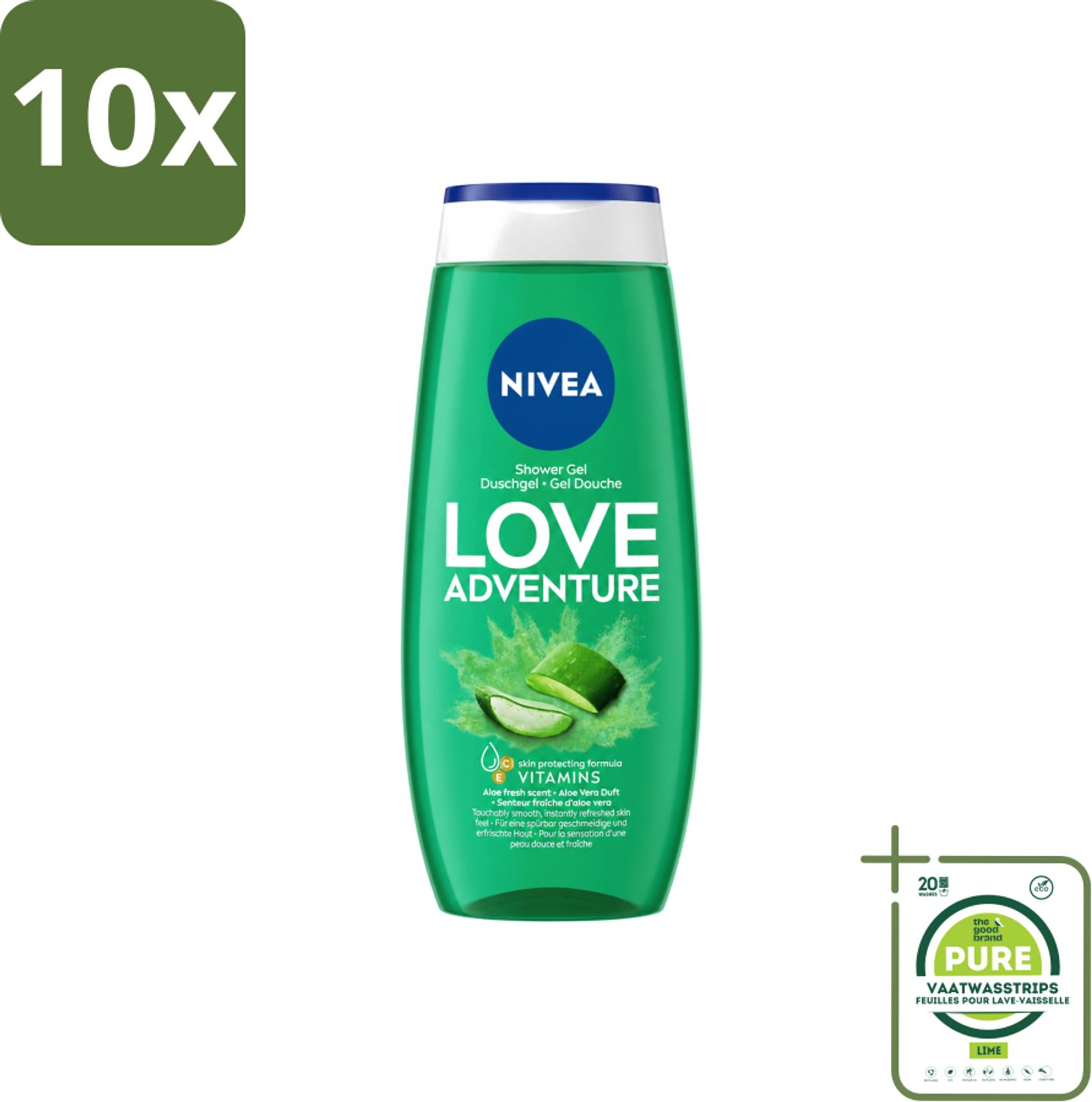 10 x Nivea - Love Adventure Douchegel - Huidbeschermend - 250 ml - Grootverpakking - Vaatwasstrips - Douchegel - Verfrissend - Huidbeschermend - Vitamine C - Vitamine E