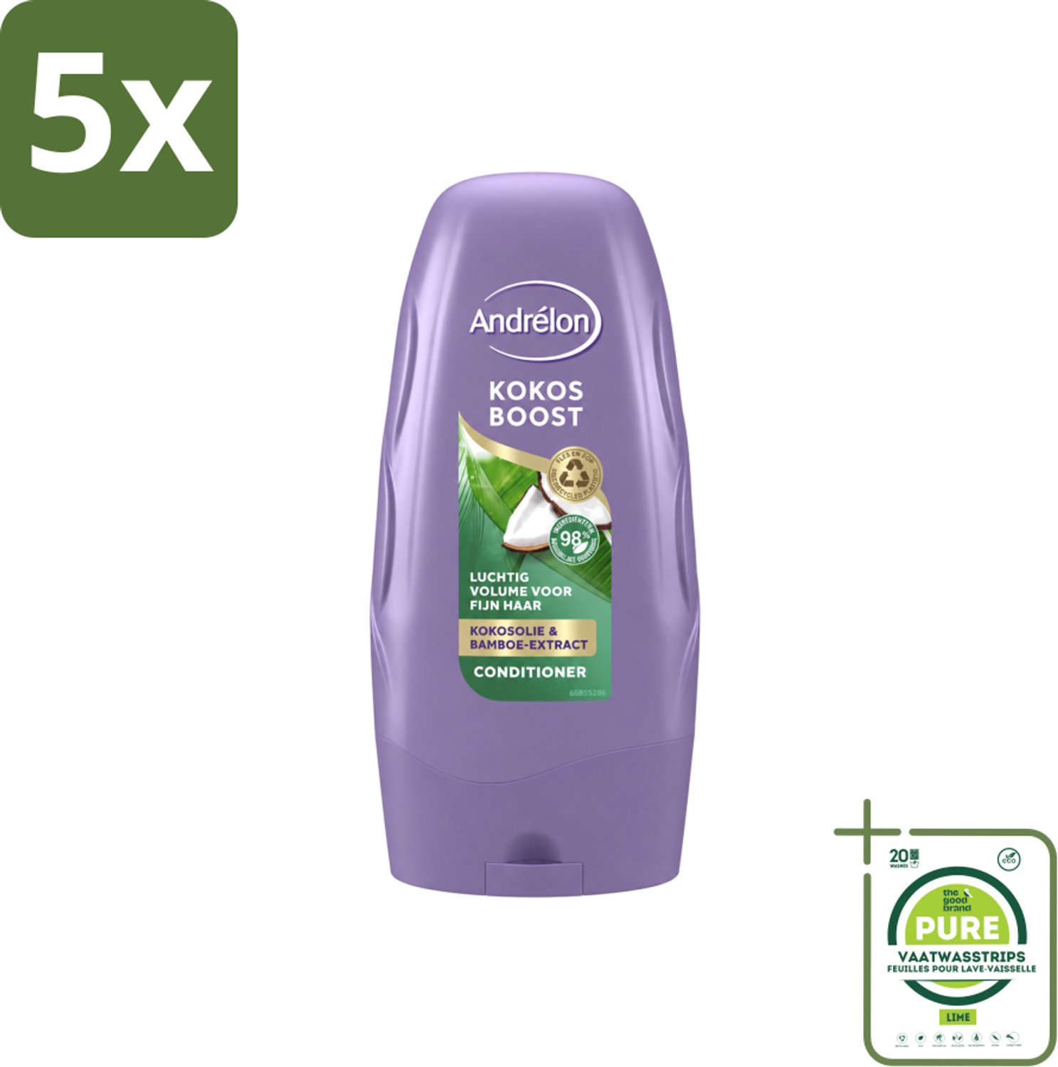 5 x Andrélon - Kokos Boost - Conditioner - Intensieve Voeding - 250 ml - Grootverpakking - Vaatwasstrips - Conditioner Voor Fijn Haar - Kokosolie Conditioner - Volume Voor Haar - Voeding Voor Haar - Bamboe-extract Conditioner