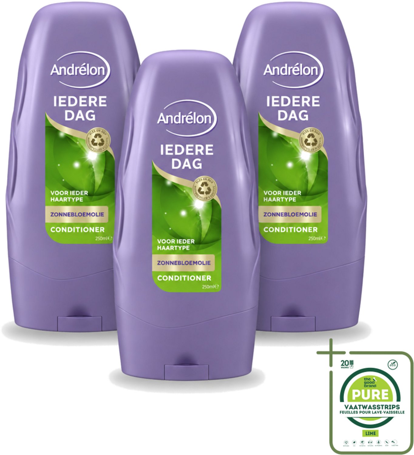 3 x Andrélon - Iedere Dag - Conditioner - Voor Dagelijks Gebruik - 250 ml - Grootverpakking - Vaatwasstrips - Haarkleur - Haarverzorging - Haarconditioner - Zonnebloemolie - Gezond Haar