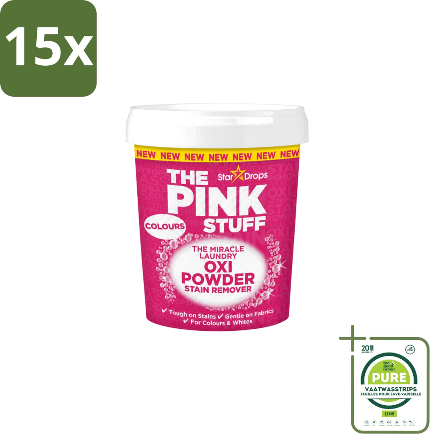15 x The Pink Stuff - Vlekverwijderaar - Voor Bonte Was - 1kg - Grootverpakking - Vaatwasstrips - Vlekverwijderaar - Wasgoed Reinigen - Vlekken Verwijderen - Poeder Voor Was - Kleurbehoud