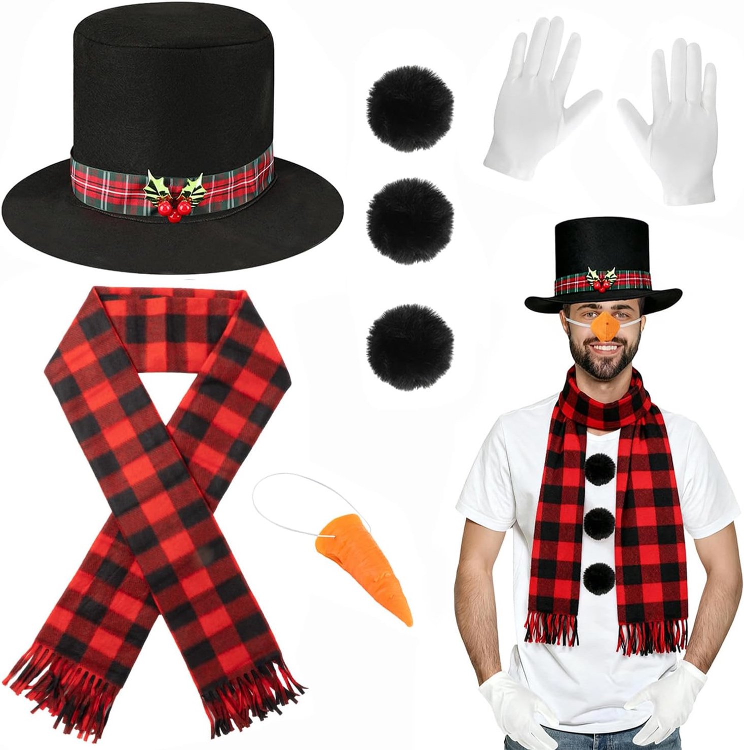 Kostuum heren dames kinderen, sneeuwpop hoed kerstsjaal wortel neus pomponhandschoenen voor Kerstmis kostuum carnaval kostuums