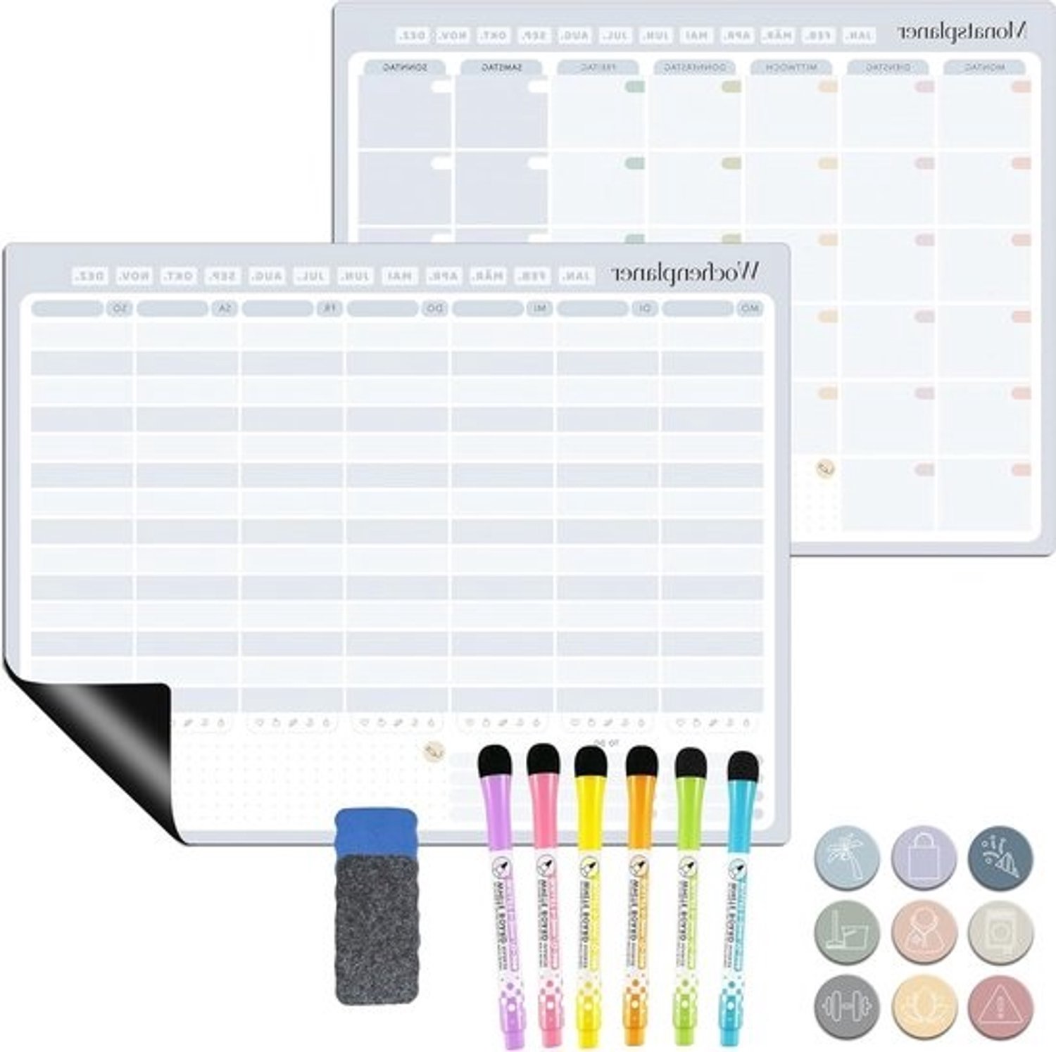 Zelfklevende, afwasbare weekplanner voor gladde oppervlakken, ongedateerde wandkalender met stickers en pennen voor een overzichtelijke planning