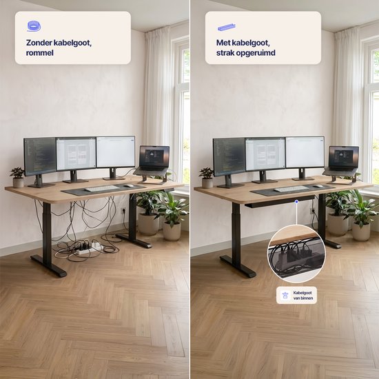 Vergelijking van een Stane bureau zonder kabelgoot met veel rommel en met kabelgoot, strak opgeruimd.
