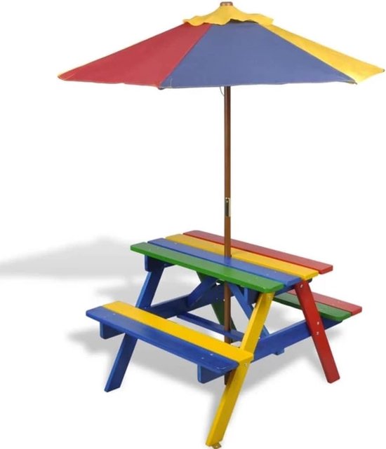 2-in-1 houten picknicktafel met zitbanken en parasol, meerkleurig, voor kinderen, stabiel en kleurrijk design, comfortabele banken aan beide zijden, ideaal voor games en dranken — afbeelding 4