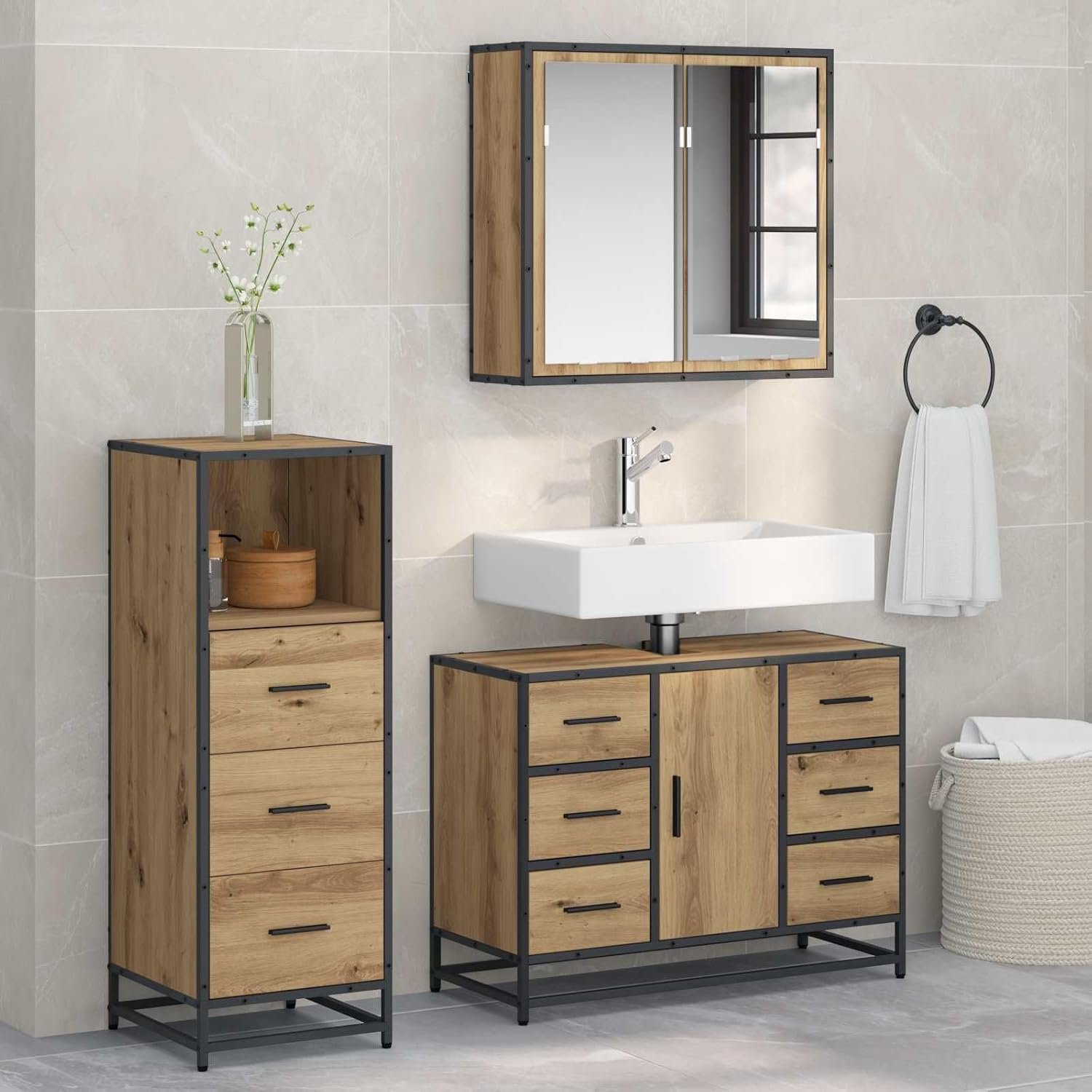 Badkamermeubelset 3 stuks Artisan eiken 80 x 33 x 60 cm met spiegelkast